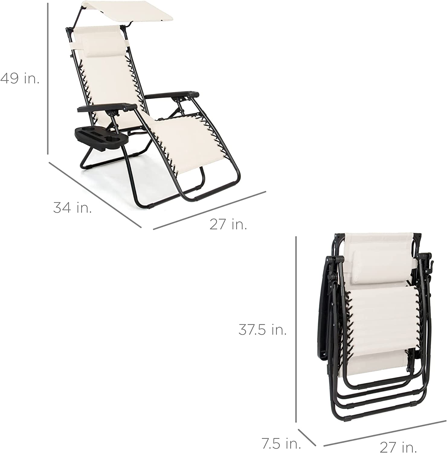 Folding Zero Gravity Outdoor Recliner Patio Lounge Chair w/Adjustable Canopy Shade, Headrest, Side Accessory Tray, Textilene Mesh - Beige
