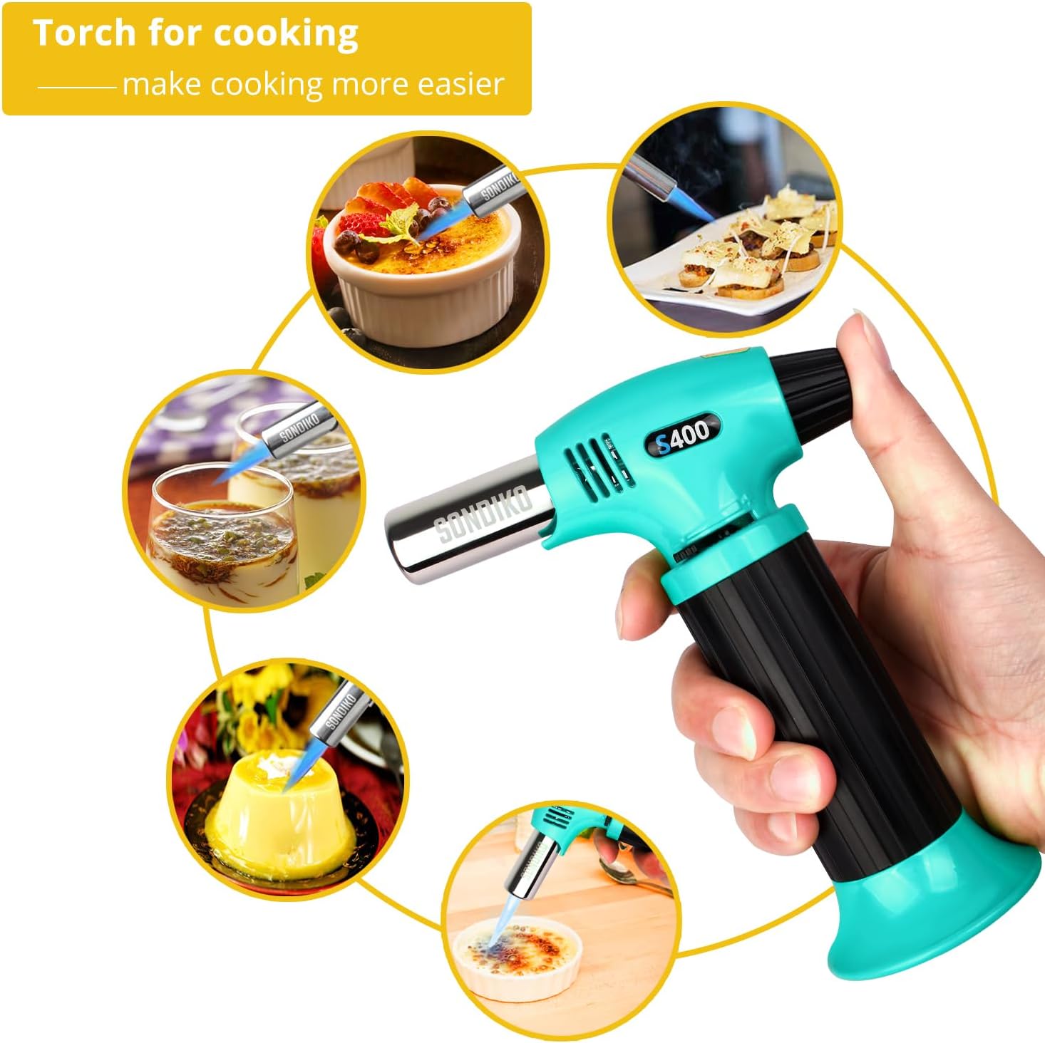 Sondiko Butane Torch S400, Refillable Kitchen Torch Lighter, Fit All Butane Tanks Blow Torch with Safety Lock and Adjustable Flame for Desserts, Creme Brulee, and Baking—Butane Gas Is Not Included