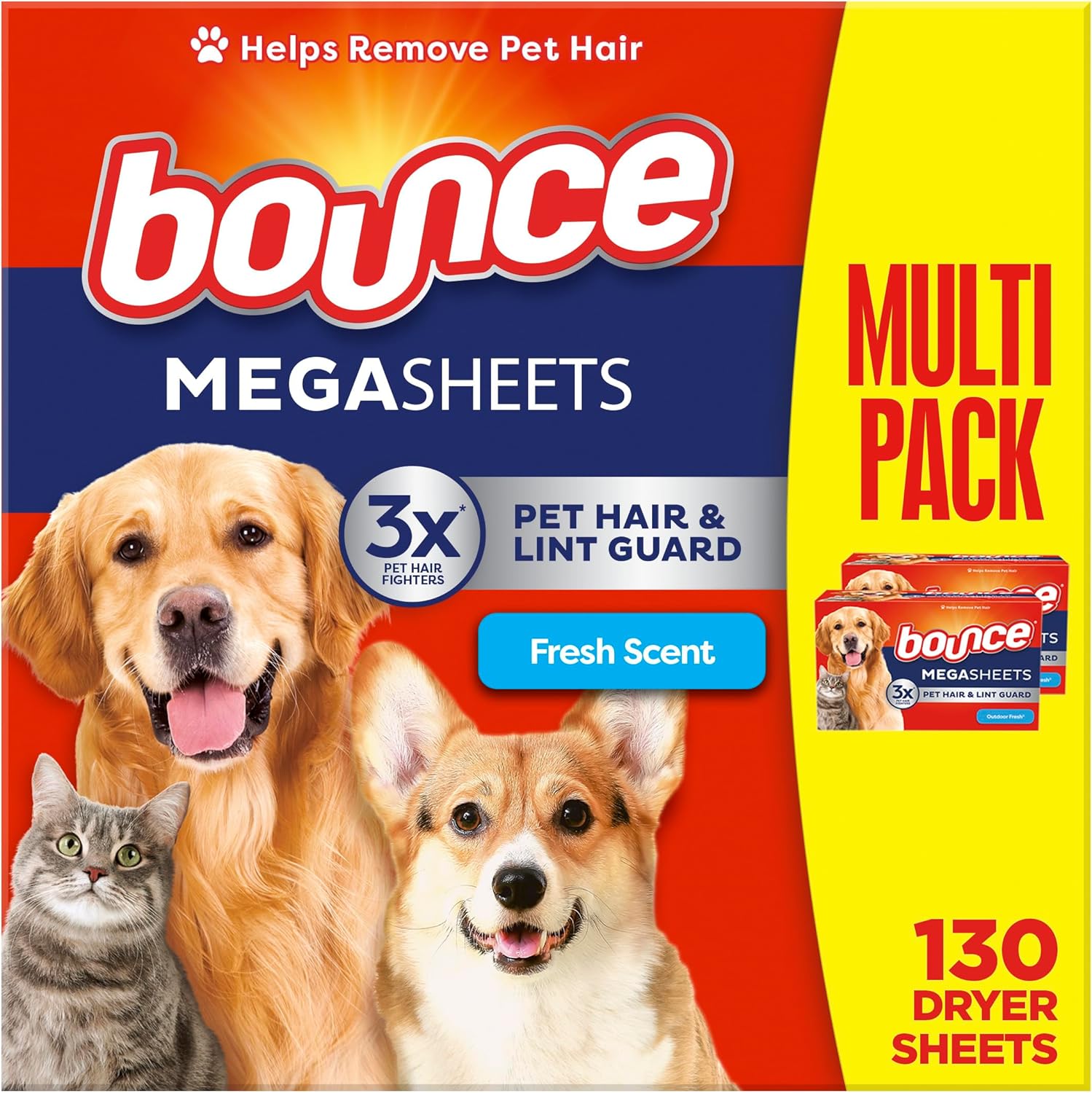 Bounce Pet Hair and Lint Guard Mega Fabric Softener Dryer Sheets with 3X Pet Hair Fighters, Fresh Scent, 180 Count, Bounce Dryer Sheets, Pet Hair Remover for Laundry