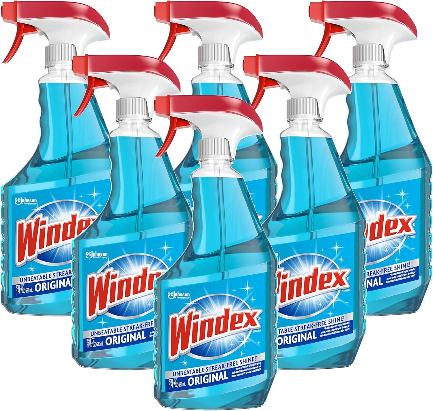 Windex Glass Cleaner Spray, Original Blue Window Cleaner Works on Smudges and Fingerprints, Bottle Made from 100% Recovered Coastal Plastic, 23 Fl Oz, Pack of 6