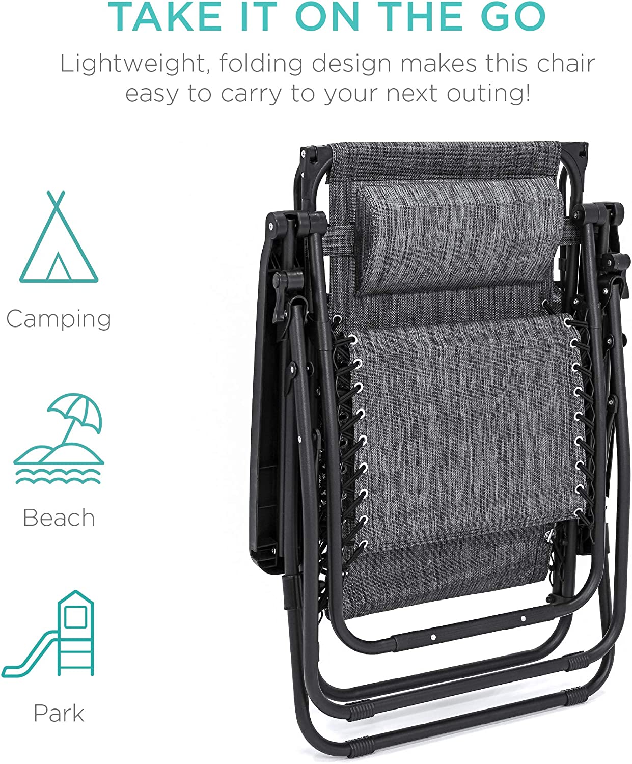 Folding Zero Gravity Outdoor Recliner Patio Lounge Chair w/Adjustable Canopy Shade, Headrest, Side Accessory Tray, Textilene Mesh - Beige