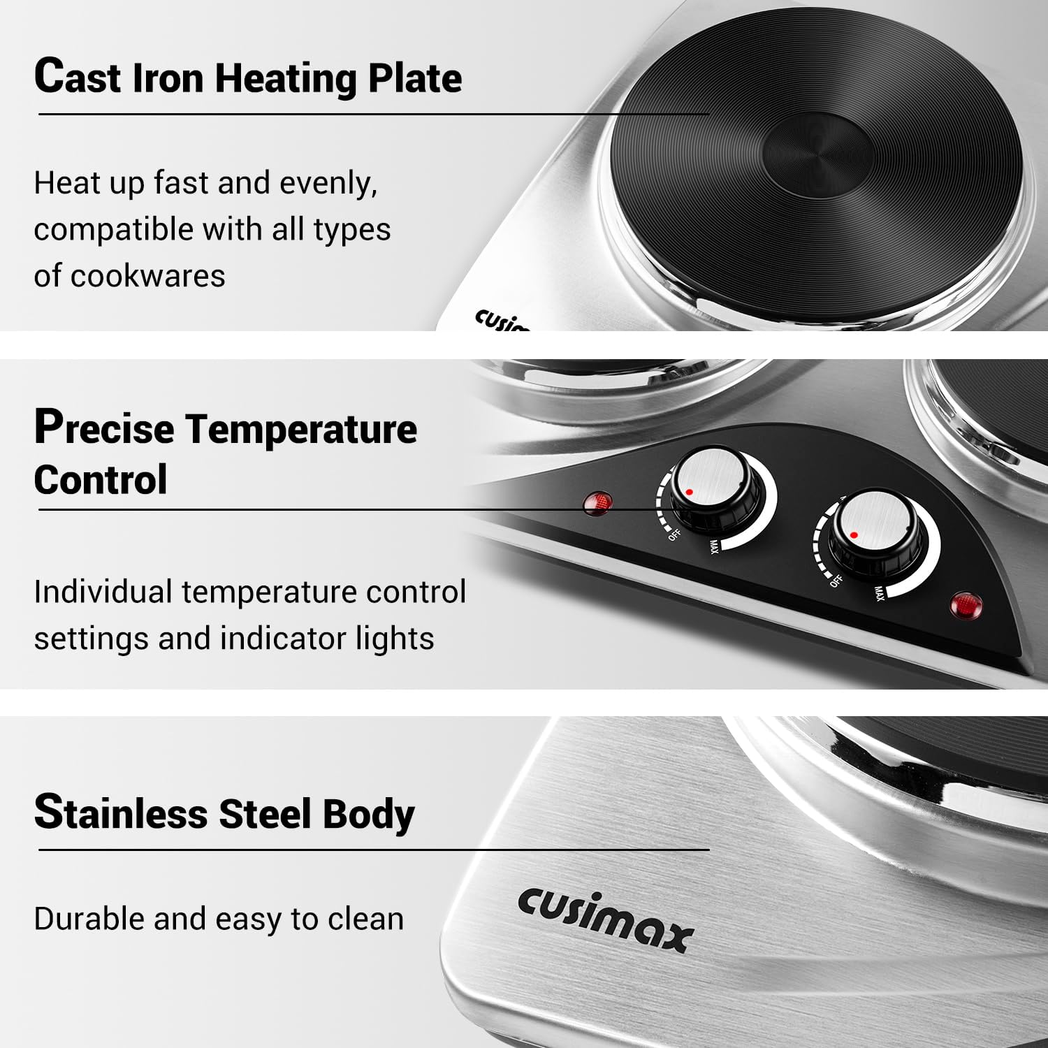 CUSIMAX Electric Hot Plate for Cooking Portable Single Burner 1500W Cast Iron hot plates Heat-up in Seconds Adjustable Temperature Control Stainless Steel Non-Slip Rubber Feet Upgraded Version B101