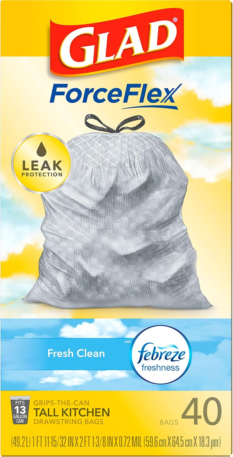 Glad Tall Kitchen Drawstring Trash Bags - Odorshield 13 Gallon White Trash Bag, Febreze Fresh Clean, 110 Count
