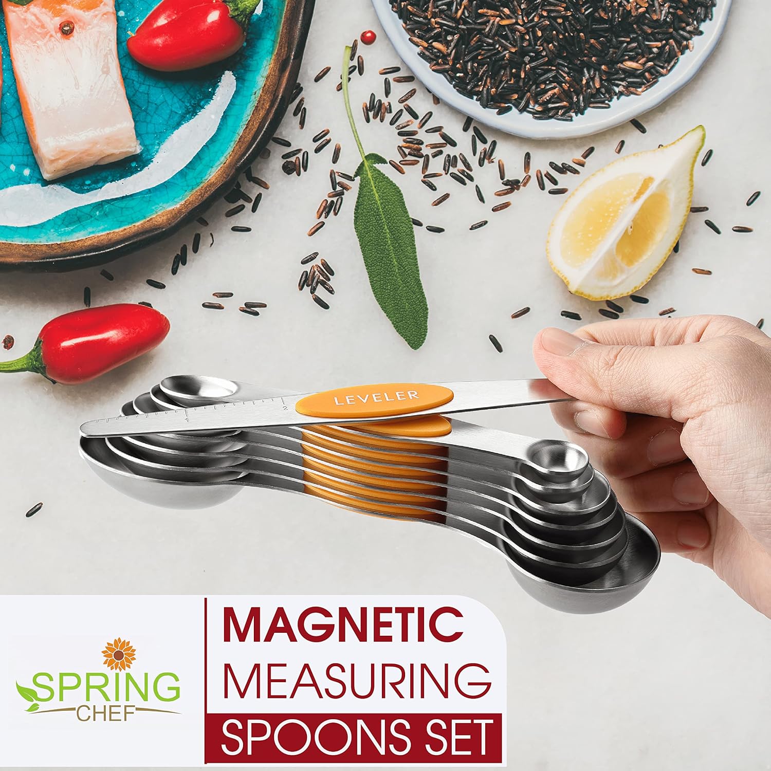 Spring Chef Magnetic Measuring Spoons Set with Strong N45 Magnets, Heavy Duty Stainless Steel Metal, Fits in Most Kitchen Spice Jars for Baking & Cooking, BPA Free, Black, Set of 8 with Leveler