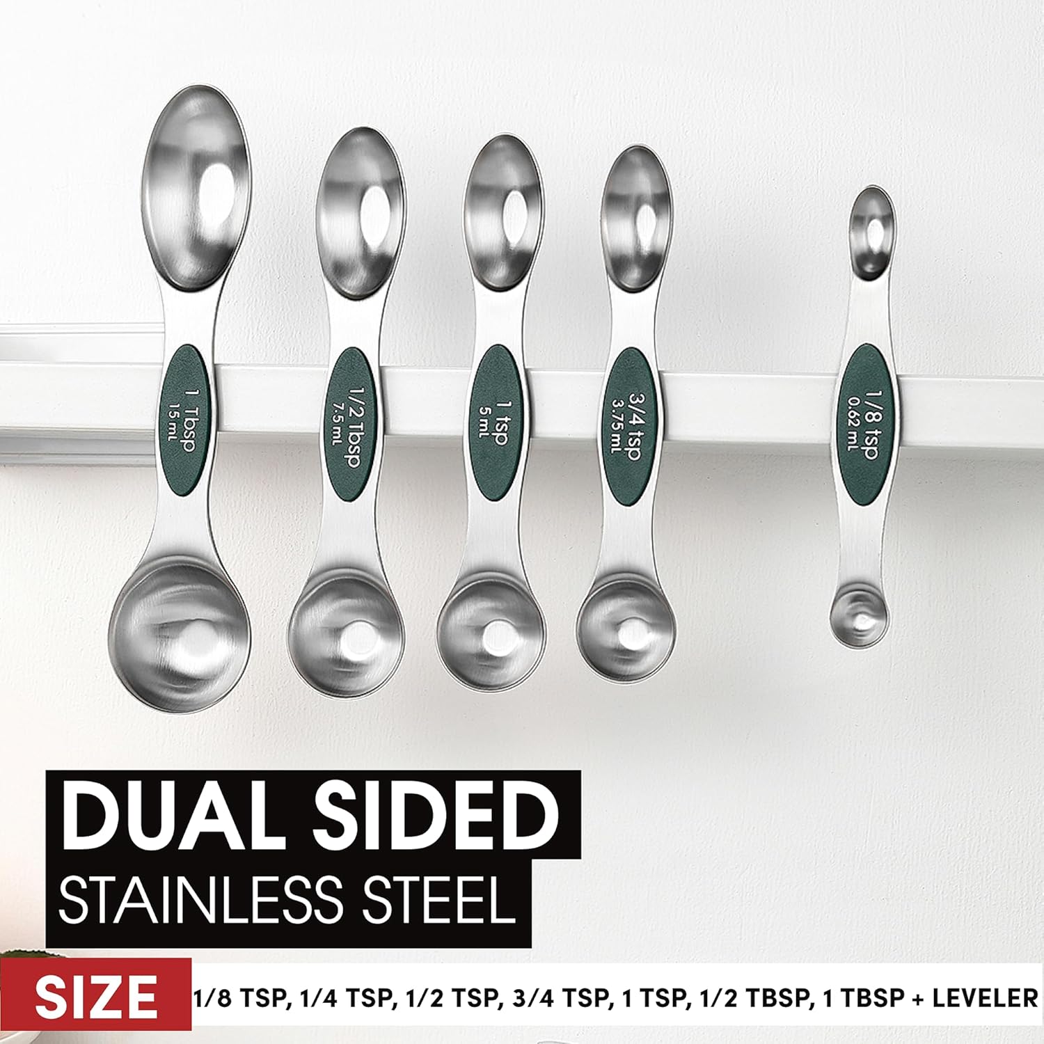 Spring Chef Magnetic Measuring Spoons Set with Strong N45 Magnets, Heavy Duty Stainless Steel Metal, Fits in Most Kitchen Spice Jars for Baking & Cooking, BPA Free, Black, Set of 8 with Leveler