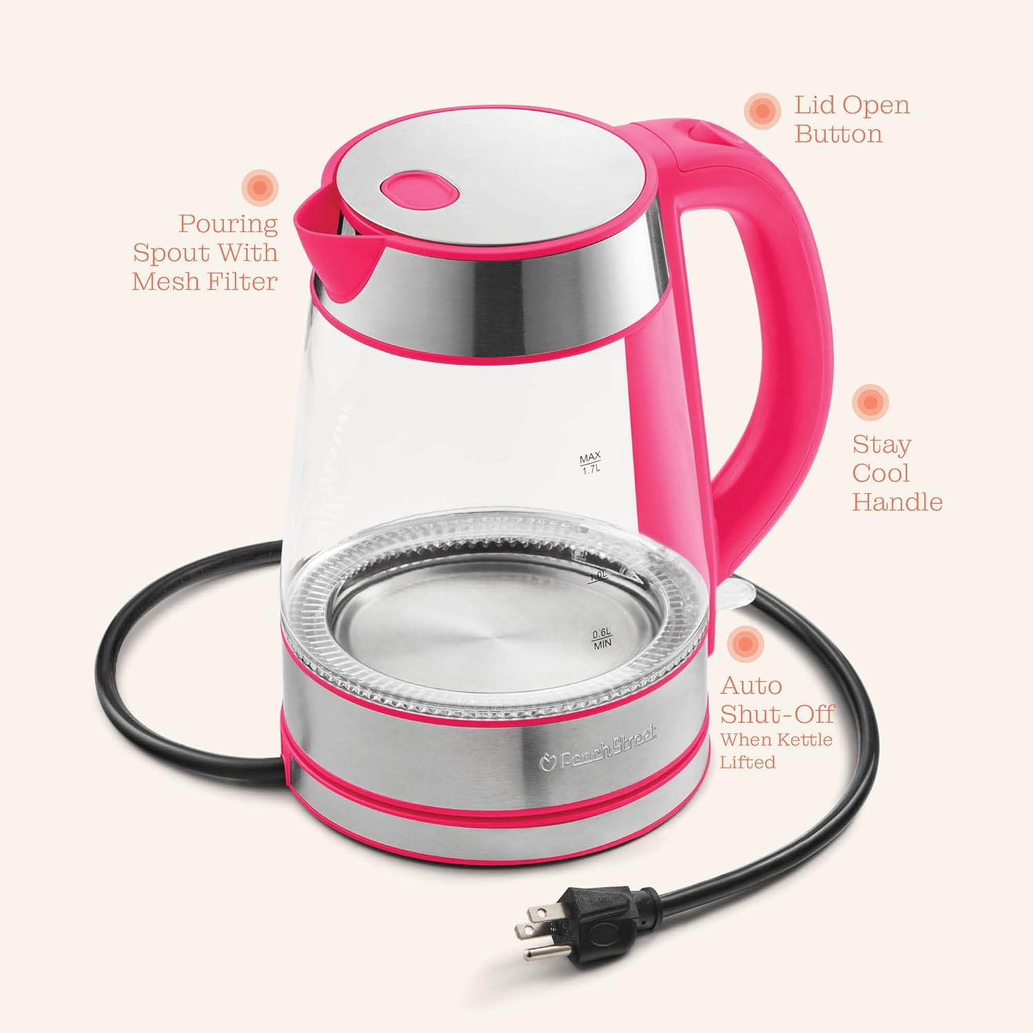 Speed-Boil Electric Kettle For Coffee & Tea - 1.7L Water Boiler 1500W, Borosilicate Glass, Easy Clean Wide Opening, Auto Shut-Off, Cool Touch Handle, LED Light. 360° Rotation, Boil Dry Protection