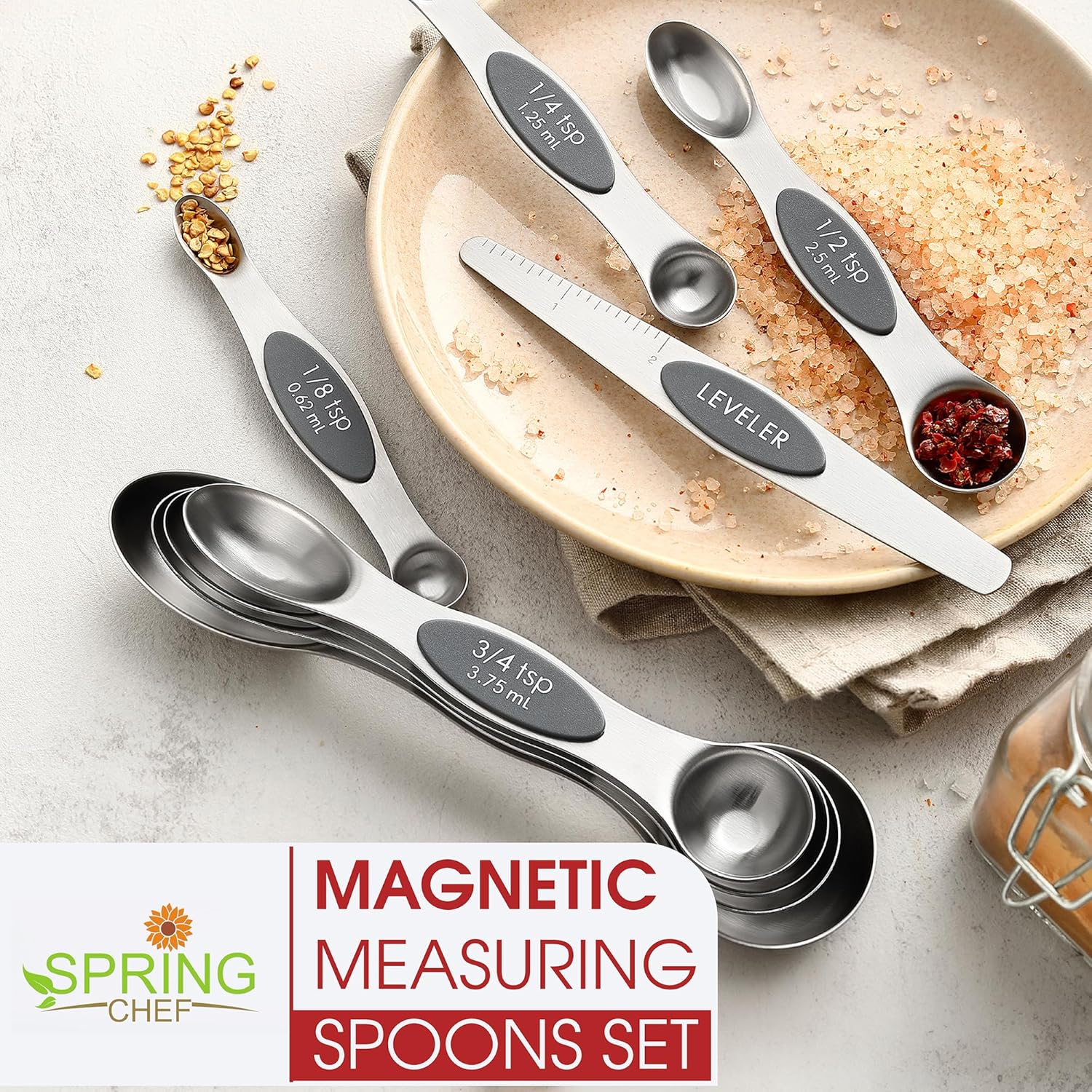 Spring Chef Magnetic Measuring Spoons Set with Strong N45 Magnets, Heavy Duty Stainless Steel Metal, Fits in Most Kitchen Spice Jars for Baking & Cooking, BPA Free, Black, Set of 8 with Leveler