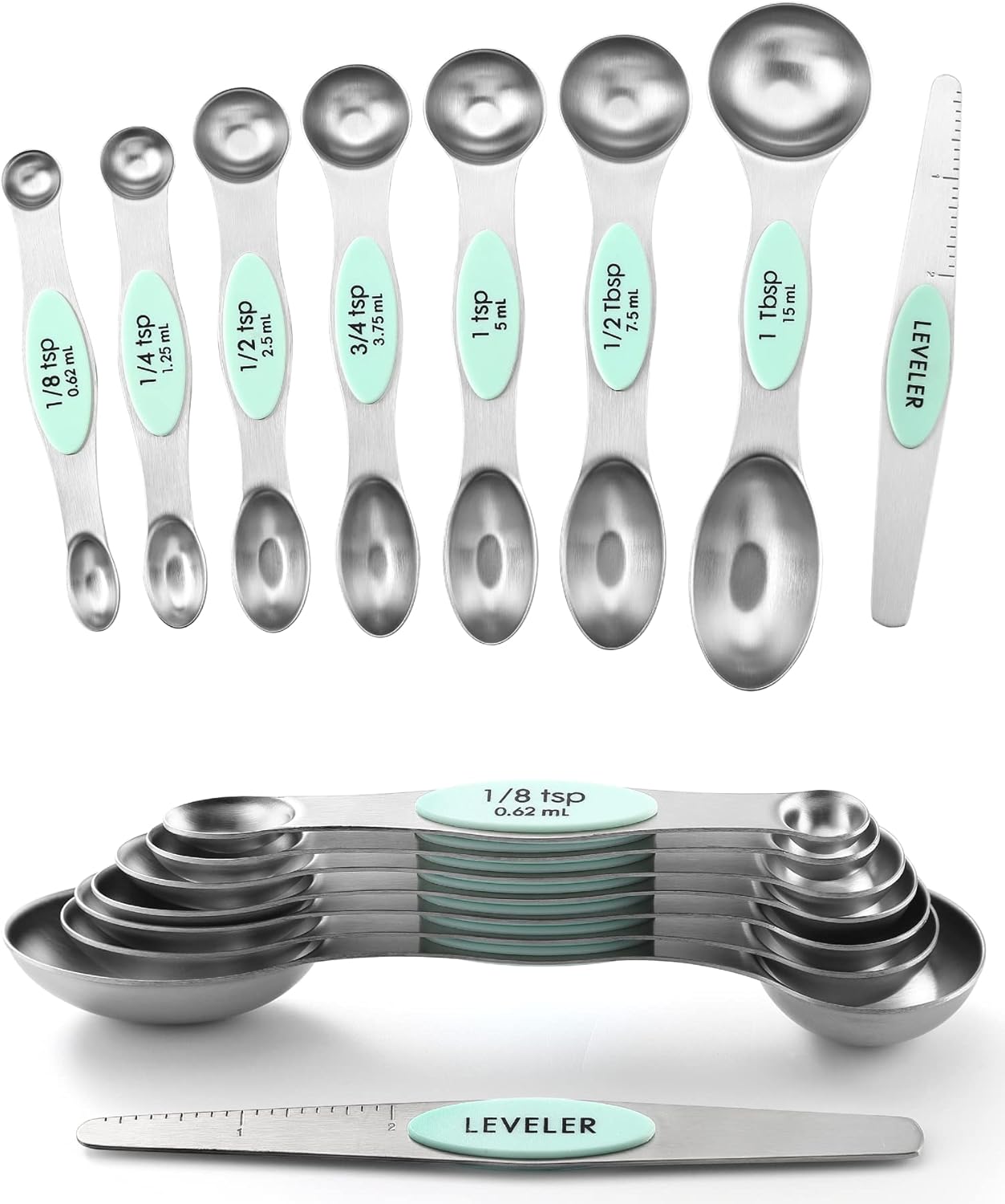 Spring Chef Magnetic Measuring Spoons Set with Strong N45 Magnets, Heavy Duty Stainless Steel Metal, Fits in Most Kitchen Spice Jars for Baking & Cooking, BPA Free, Black, Set of 8 with Leveler