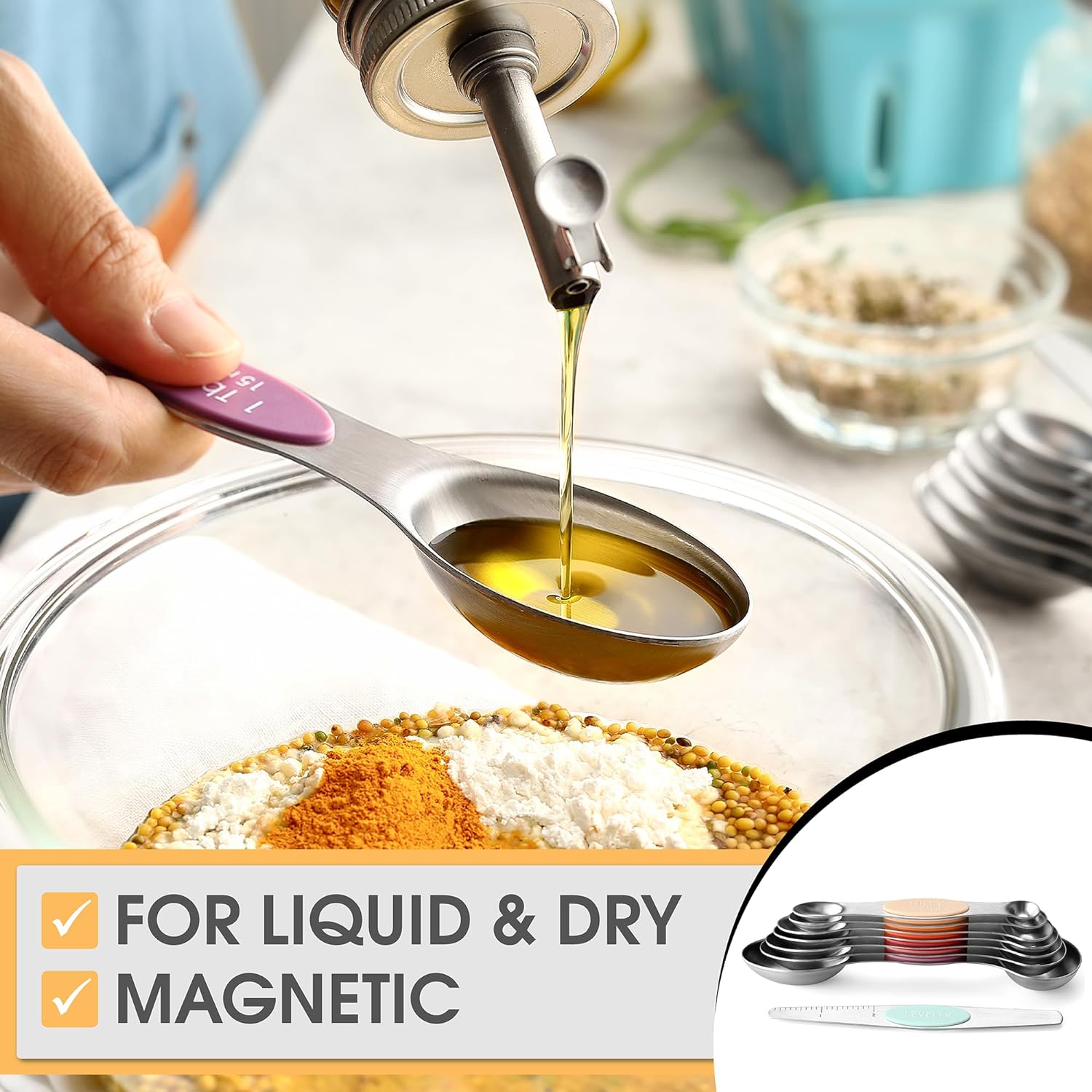 Spring Chef Magnetic Measuring Spoons Set with Strong N45 Magnets, Heavy Duty Stainless Steel Metal, Fits in Most Kitchen Spice Jars for Baking & Cooking, BPA Free, Black, Set of 8 with Leveler