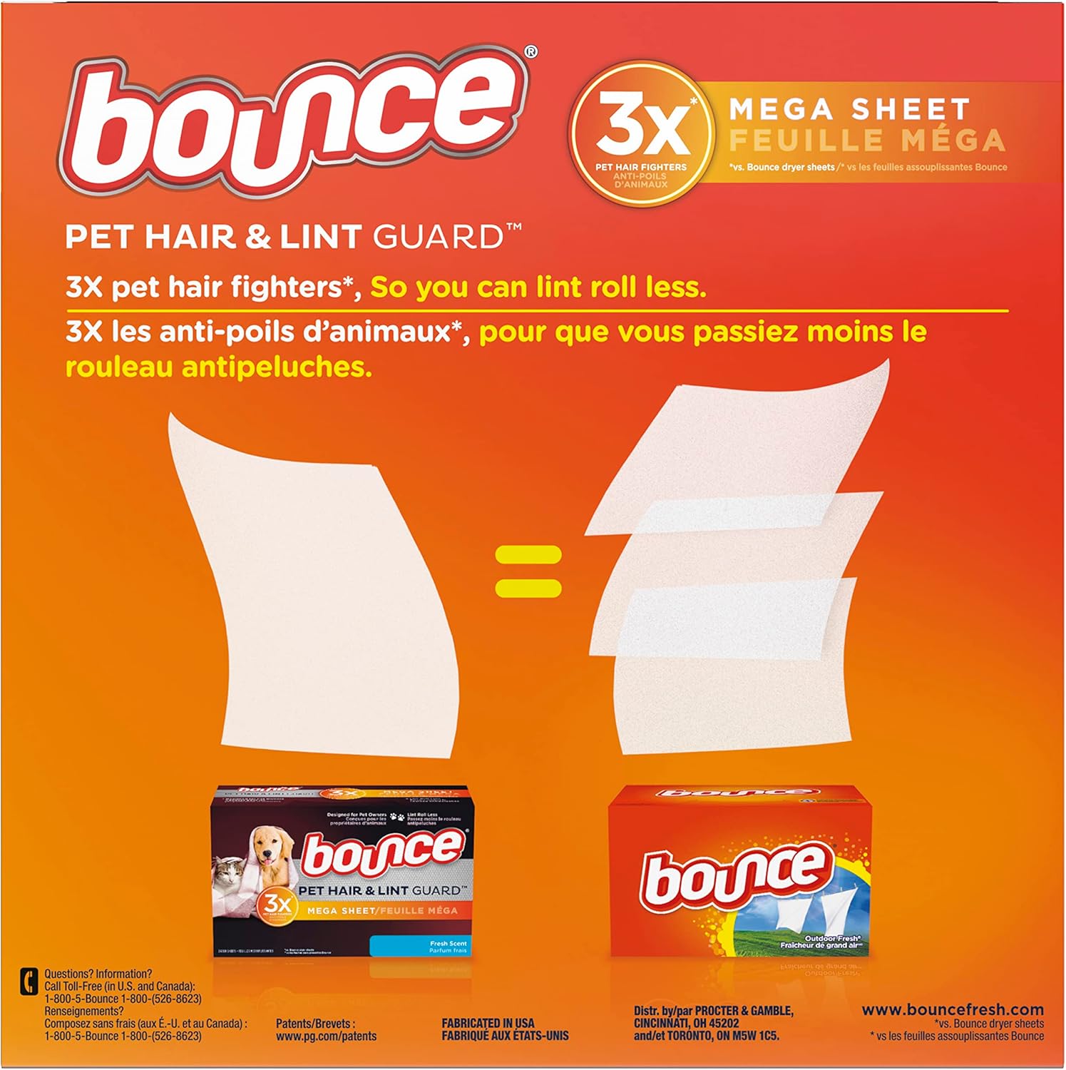 Bounce Pet Hair and Lint Guard Mega Fabric Softener Dryer Sheets with 3X Pet Hair Fighters, Fresh Scent, 180 Count, Bounce Dryer Sheets, Pet Hair Remover for Laundry