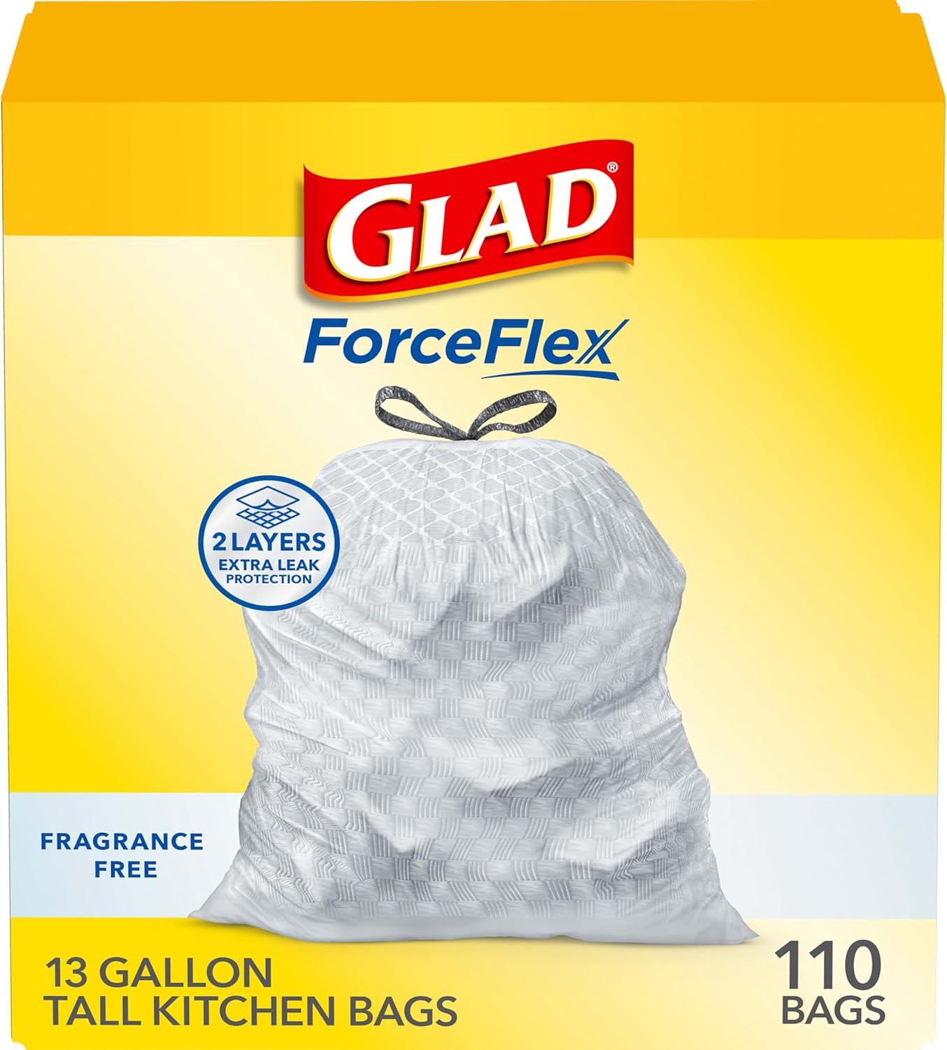 Glad Tall Kitchen Drawstring Trash Bags - Odorshield 13 Gallon White Trash Bag, Febreze Fresh Clean, 110 Count