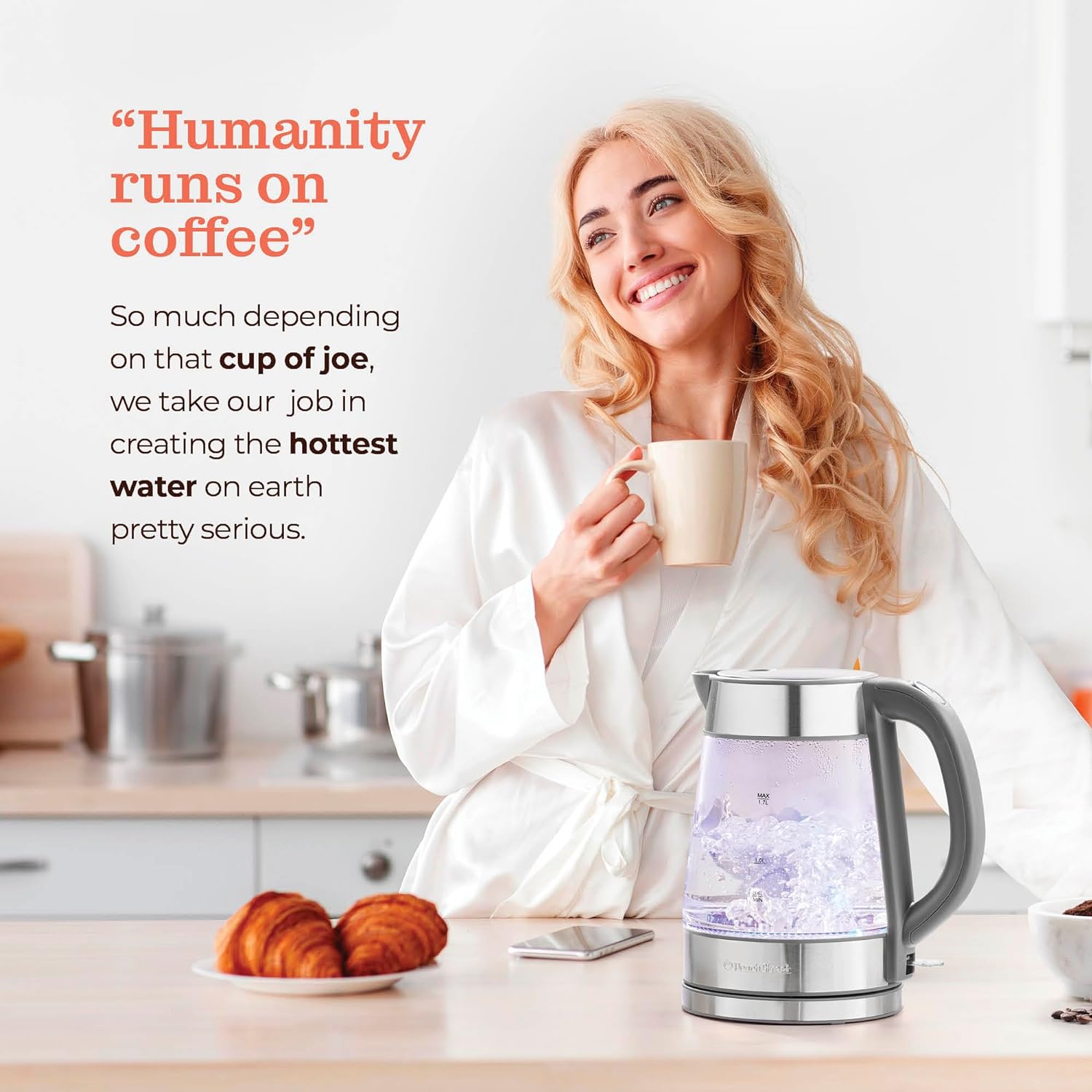 Speed-Boil Electric Kettle For Coffee & Tea - 1.7L Water Boiler 1500W, Borosilicate Glass, Easy Clean Wide Opening, Auto Shut-Off, Cool Touch Handle, LED Light. 360° Rotation, Boil Dry Protection