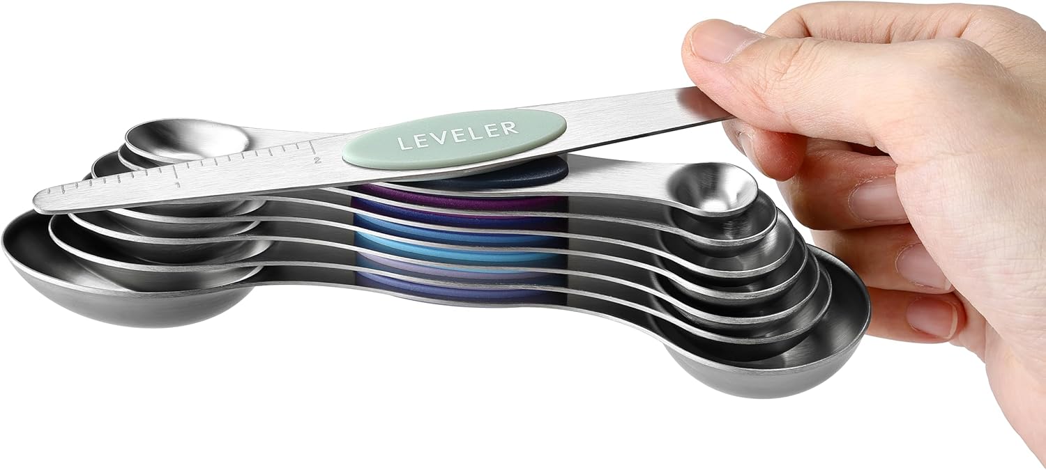 Spring Chef Magnetic Measuring Spoons Set with Strong N45 Magnets, Heavy Duty Stainless Steel Metal, Fits in Most Kitchen Spice Jars for Baking & Cooking, BPA Free, Black, Set of 8 with Leveler