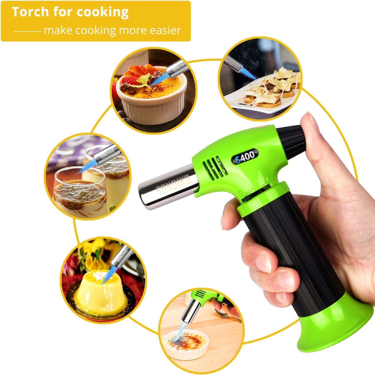 Sondiko Butane Torch S400, Refillable Kitchen Torch Lighter, Fit All Butane Tanks Blow Torch with Safety Lock and Adjustable Flame for Desserts, Creme Brulee, and Baking—Butane Gas Is Not Included