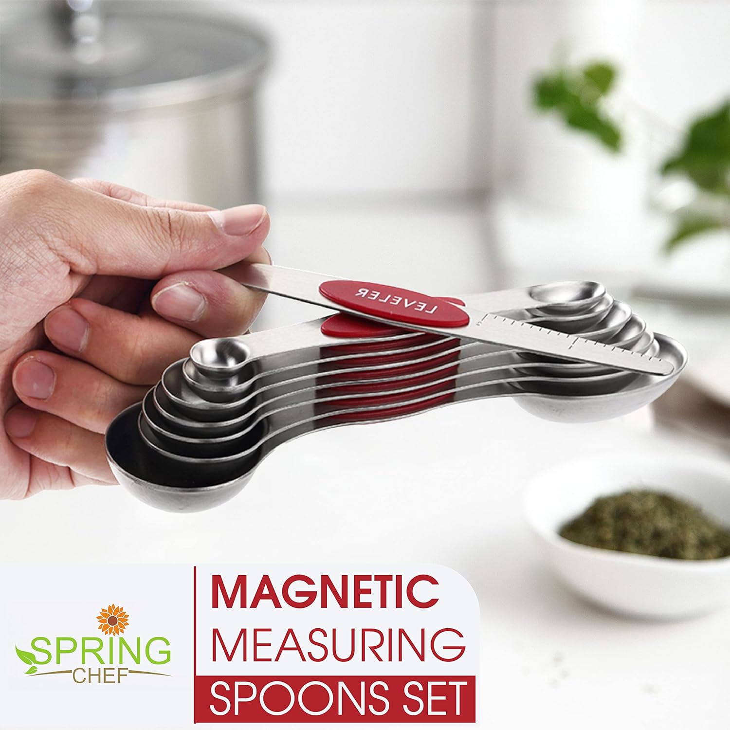 Spring Chef Magnetic Measuring Spoons Set with Strong N45 Magnets, Heavy Duty Stainless Steel Metal, Fits in Most Kitchen Spice Jars for Baking & Cooking, BPA Free, Black, Set of 8 with Leveler