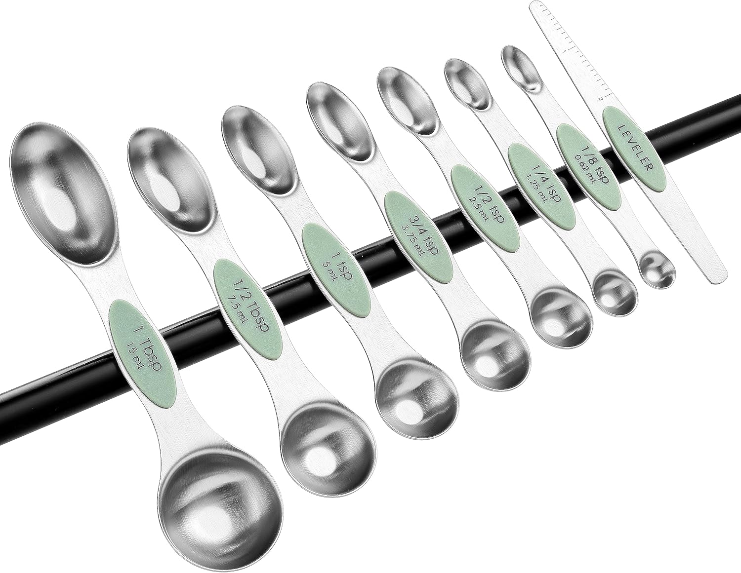 Spring Chef Magnetic Measuring Spoons Set with Strong N45 Magnets, Heavy Duty Stainless Steel Metal, Fits in Most Kitchen Spice Jars for Baking & Cooking, BPA Free, Black, Set of 8 with Leveler