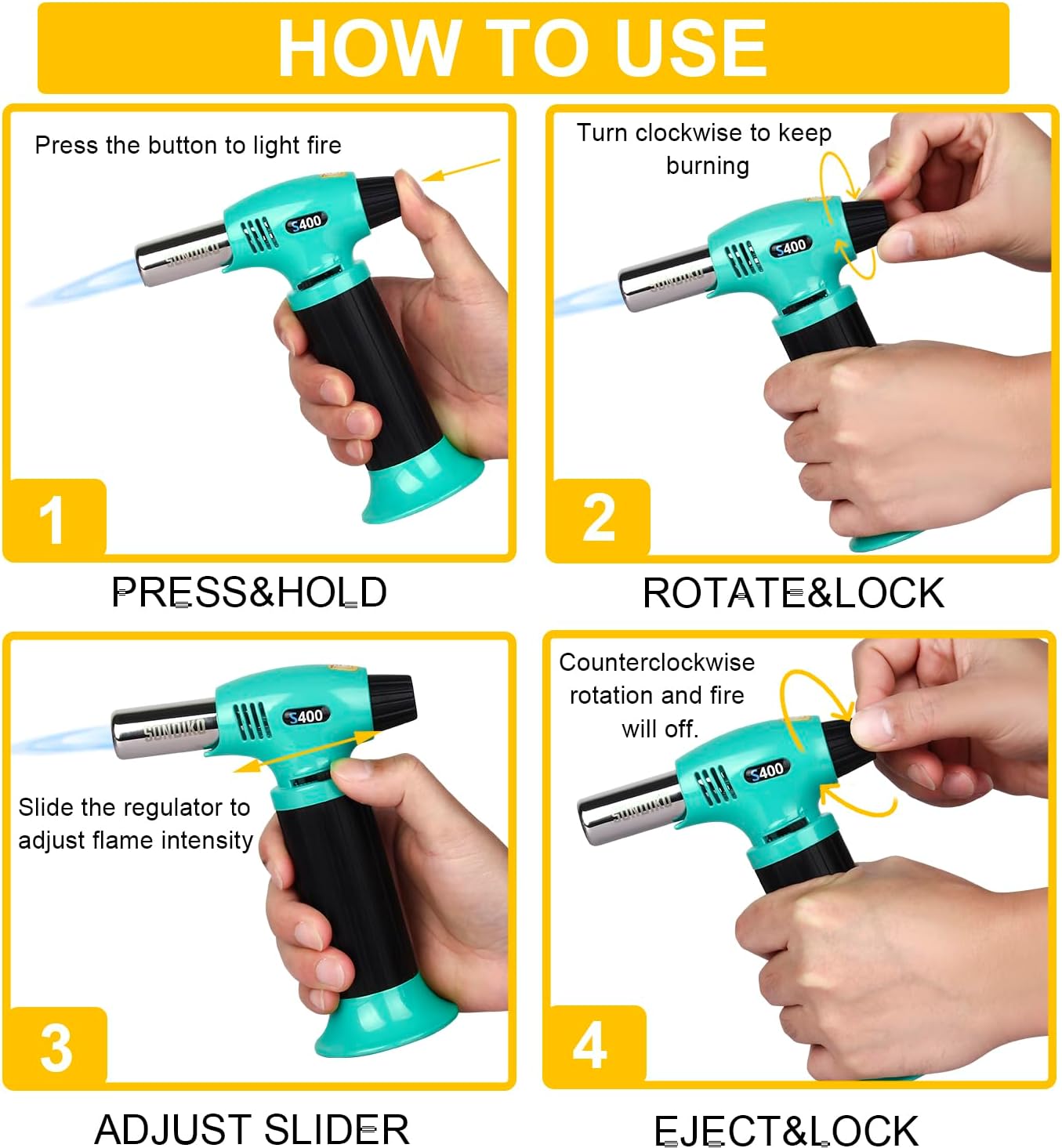 Sondiko Butane Torch S400, Refillable Kitchen Torch Lighter, Fit All Butane Tanks Blow Torch with Safety Lock and Adjustable Flame for Desserts, Creme Brulee, and Baking—Butane Gas Is Not Included