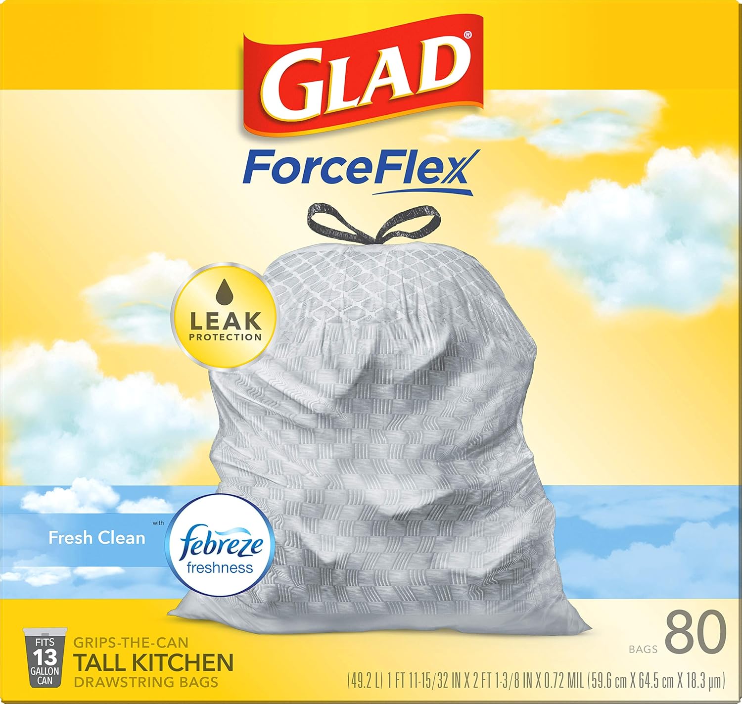 Glad Tall Kitchen Drawstring Trash Bags - Odorshield 13 Gallon White Trash Bag, Febreze Fresh Clean, 110 Count