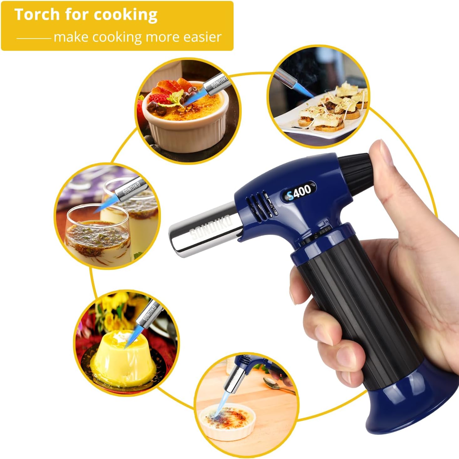 Sondiko Butane Torch S400, Refillable Kitchen Torch Lighter, Fit All Butane Tanks Blow Torch with Safety Lock and Adjustable Flame for Desserts, Creme Brulee, and Baking—Butane Gas Is Not Included