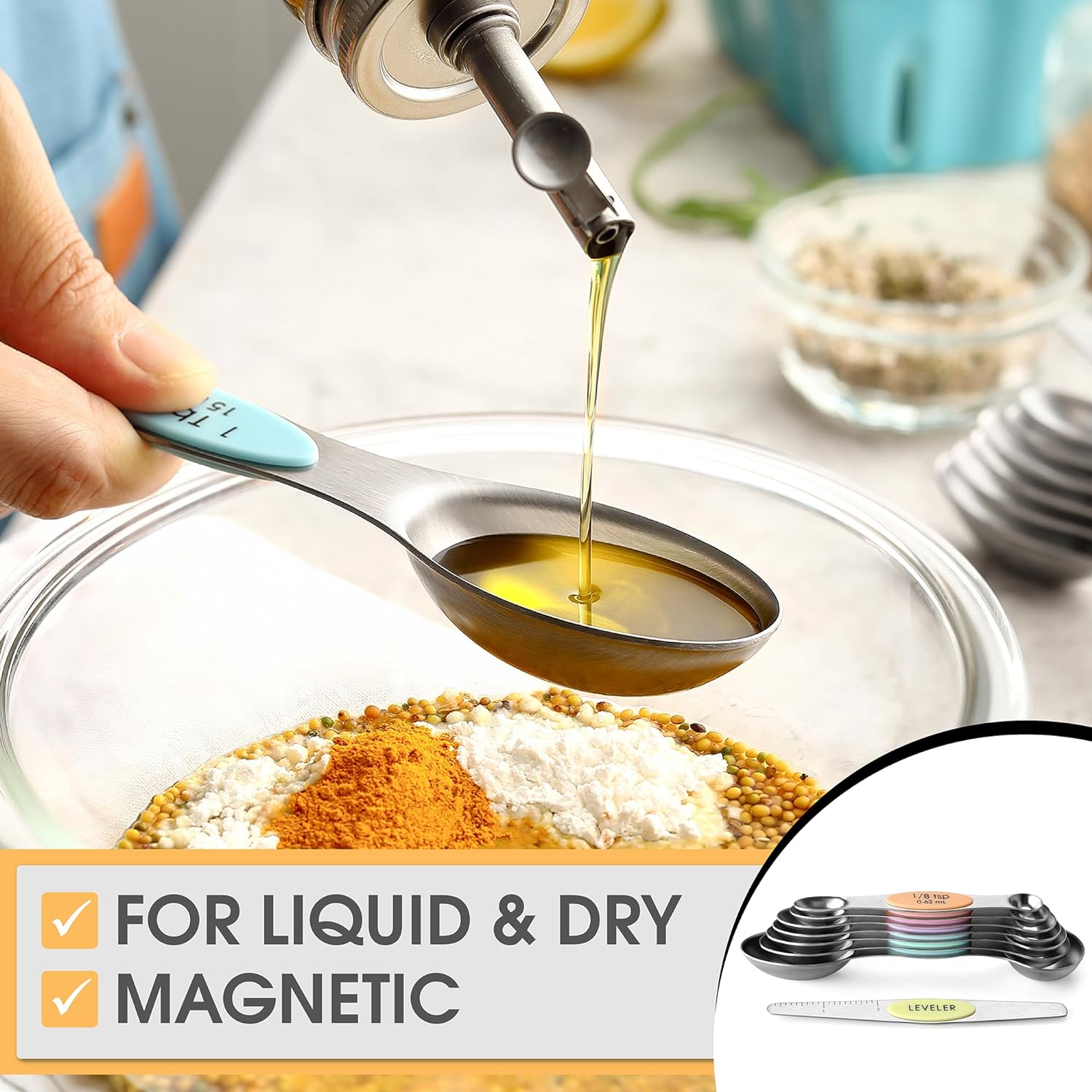 Spring Chef Magnetic Measuring Spoons Set with Strong N45 Magnets, Heavy Duty Stainless Steel Metal, Fits in Most Kitchen Spice Jars for Baking & Cooking, BPA Free, Black, Set of 8 with Leveler