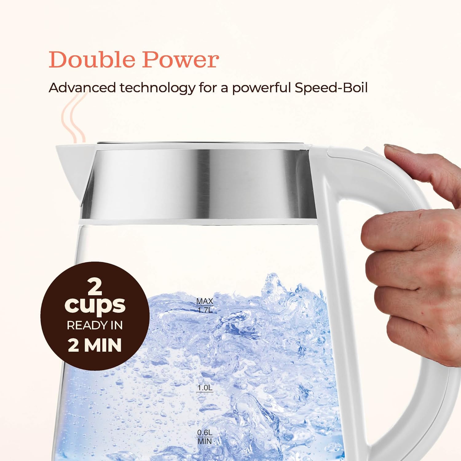Speed-Boil Electric Kettle For Coffee & Tea - 1.7L Water Boiler 1500W, Borosilicate Glass, Easy Clean Wide Opening, Auto Shut-Off, Cool Touch Handle, LED Light. 360° Rotation, Boil Dry Protection
