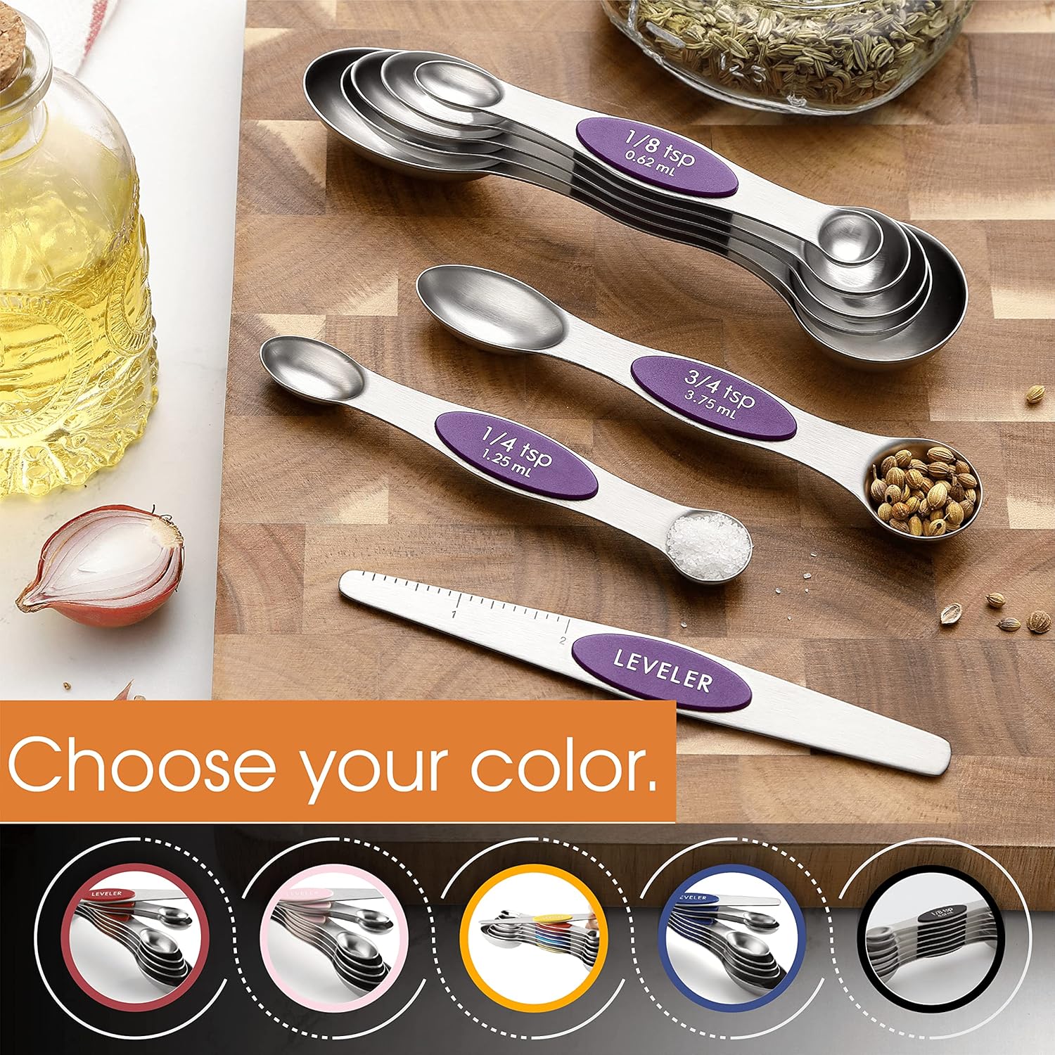 Spring Chef Magnetic Measuring Spoons Set with Strong N45 Magnets, Heavy Duty Stainless Steel Metal, Fits in Most Kitchen Spice Jars for Baking & Cooking, BPA Free, Black, Set of 8 with Leveler