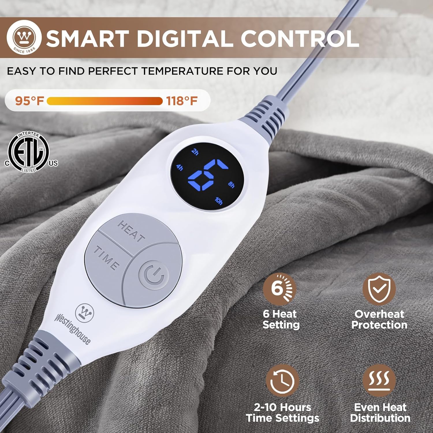 Westinghouse Heated Throw Blanket, Soft Flannel to Sherpa Electric Throw with 6 Heating Levels, 2-10 Hours Time Settings, Fast Heating, Machine Washable 50x60 Inch, Charcoal