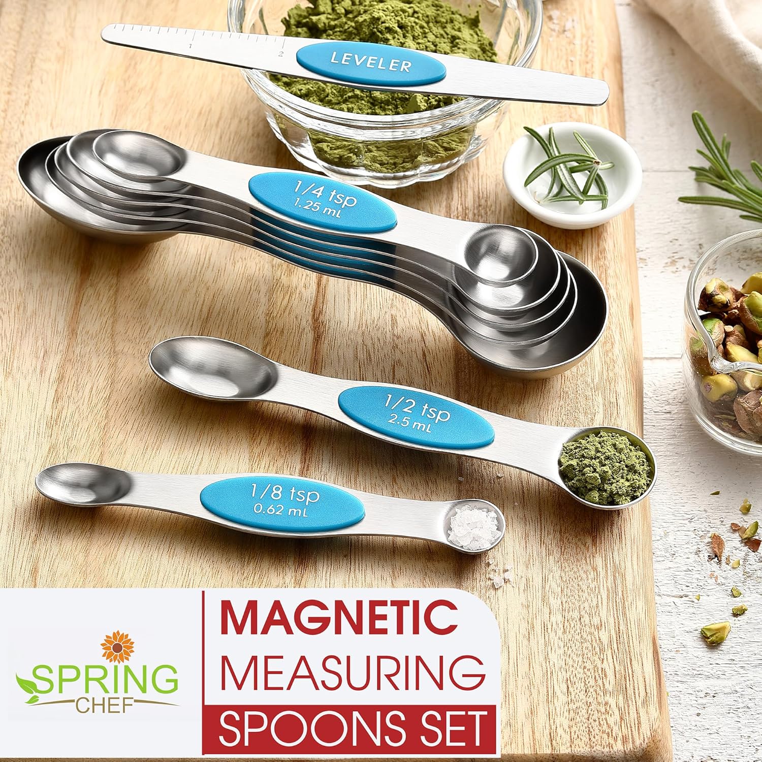 Spring Chef Magnetic Measuring Spoons Set with Strong N45 Magnets, Heavy Duty Stainless Steel Metal, Fits in Most Kitchen Spice Jars for Baking & Cooking, BPA Free, Black, Set of 8 with Leveler