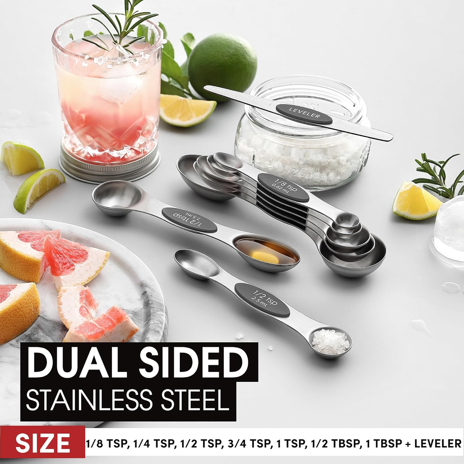 Spring Chef Magnetic Measuring Spoons Set with Strong N45 Magnets, Heavy Duty Stainless Steel Metal, Fits in Most Kitchen Spice Jars for Baking & Cooking, BPA Free, Black, Set of 8 with Leveler