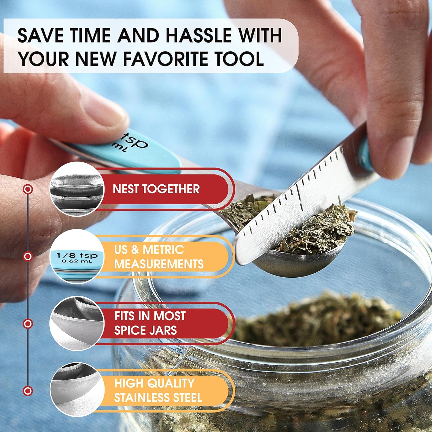 Spring Chef Magnetic Measuring Spoons Set with Strong N45 Magnets, Heavy Duty Stainless Steel Metal, Fits in Most Kitchen Spice Jars for Baking & Cooking, BPA Free, Black, Set of 8 with Leveler