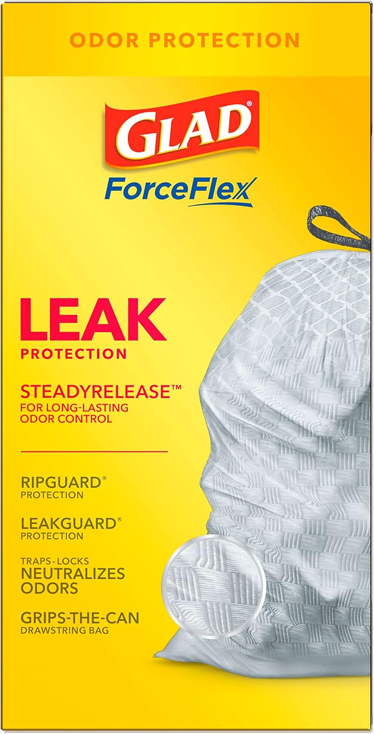 Glad Tall Kitchen Drawstring Trash Bags - Odorshield 13 Gallon White Trash Bag, Febreze Fresh Clean, 110 Count