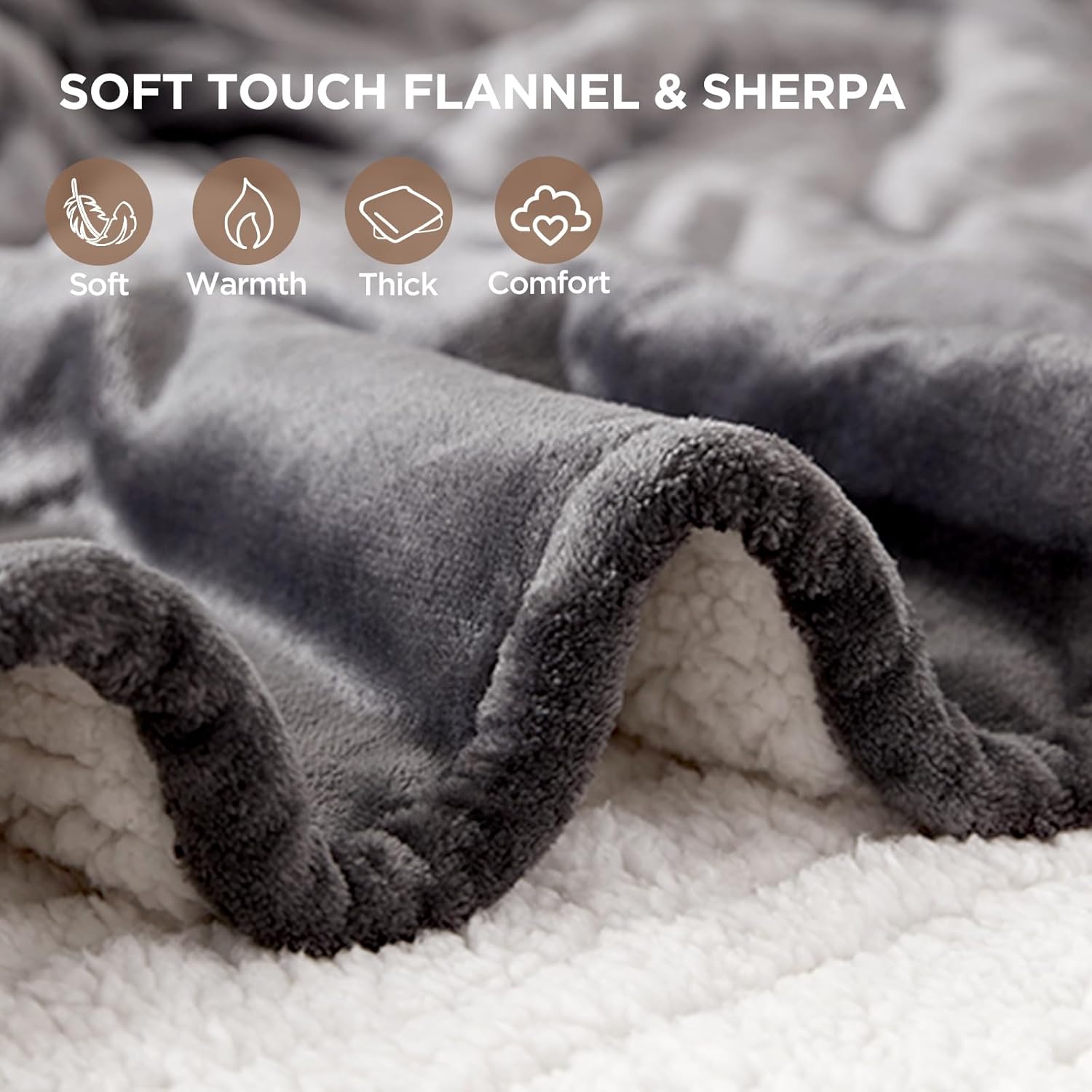 Westinghouse Heated Throw Blanket, Soft Flannel to Sherpa Electric Throw with 6 Heating Levels, 2-10 Hours Time Settings, Fast Heating, Machine Washable 50x60 Inch, Charcoal