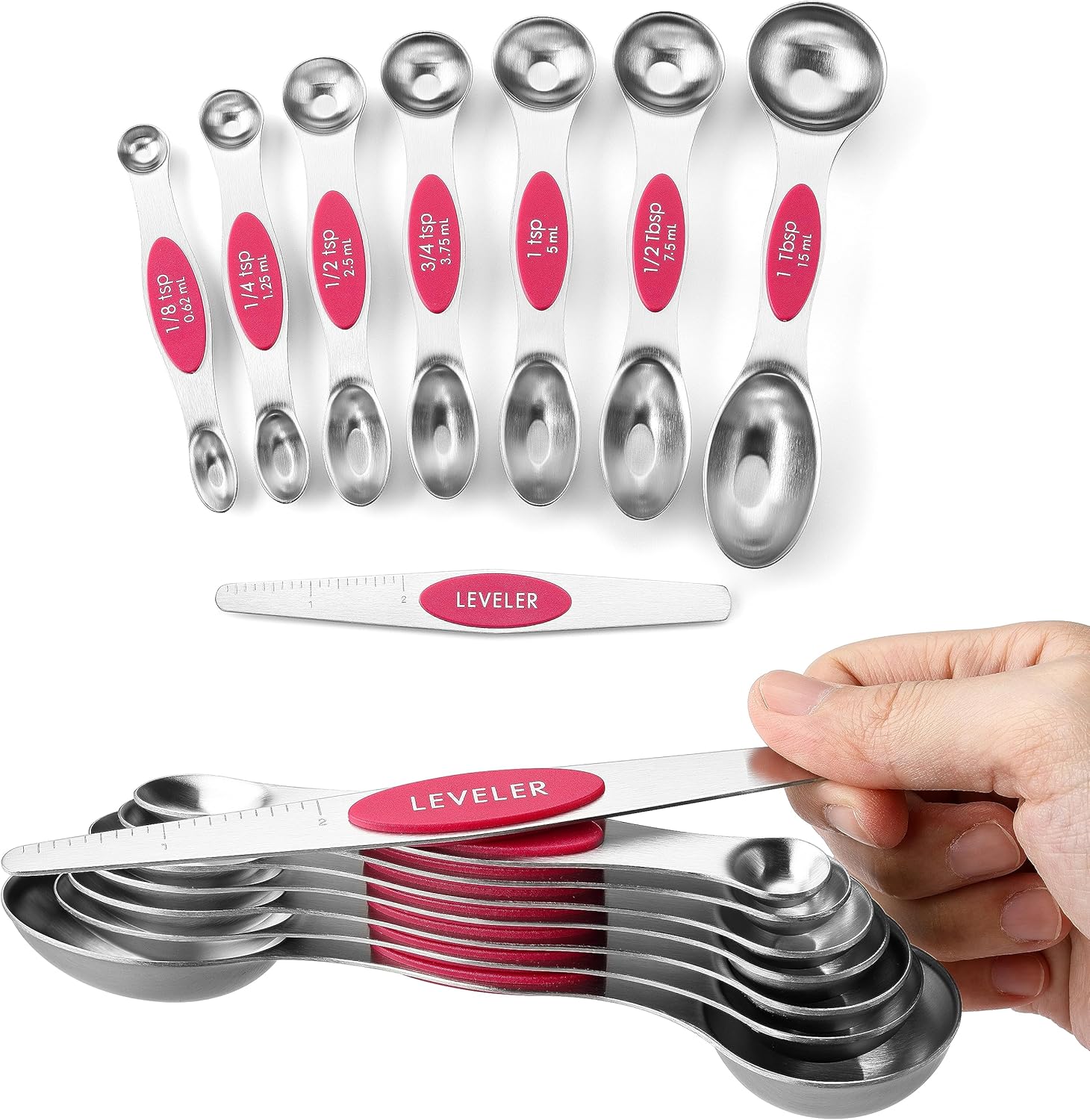 Spring Chef Magnetic Measuring Spoons Set with Strong N45 Magnets, Heavy Duty Stainless Steel Metal, Fits in Most Kitchen Spice Jars for Baking & Cooking, BPA Free, Black, Set of 8 with Leveler