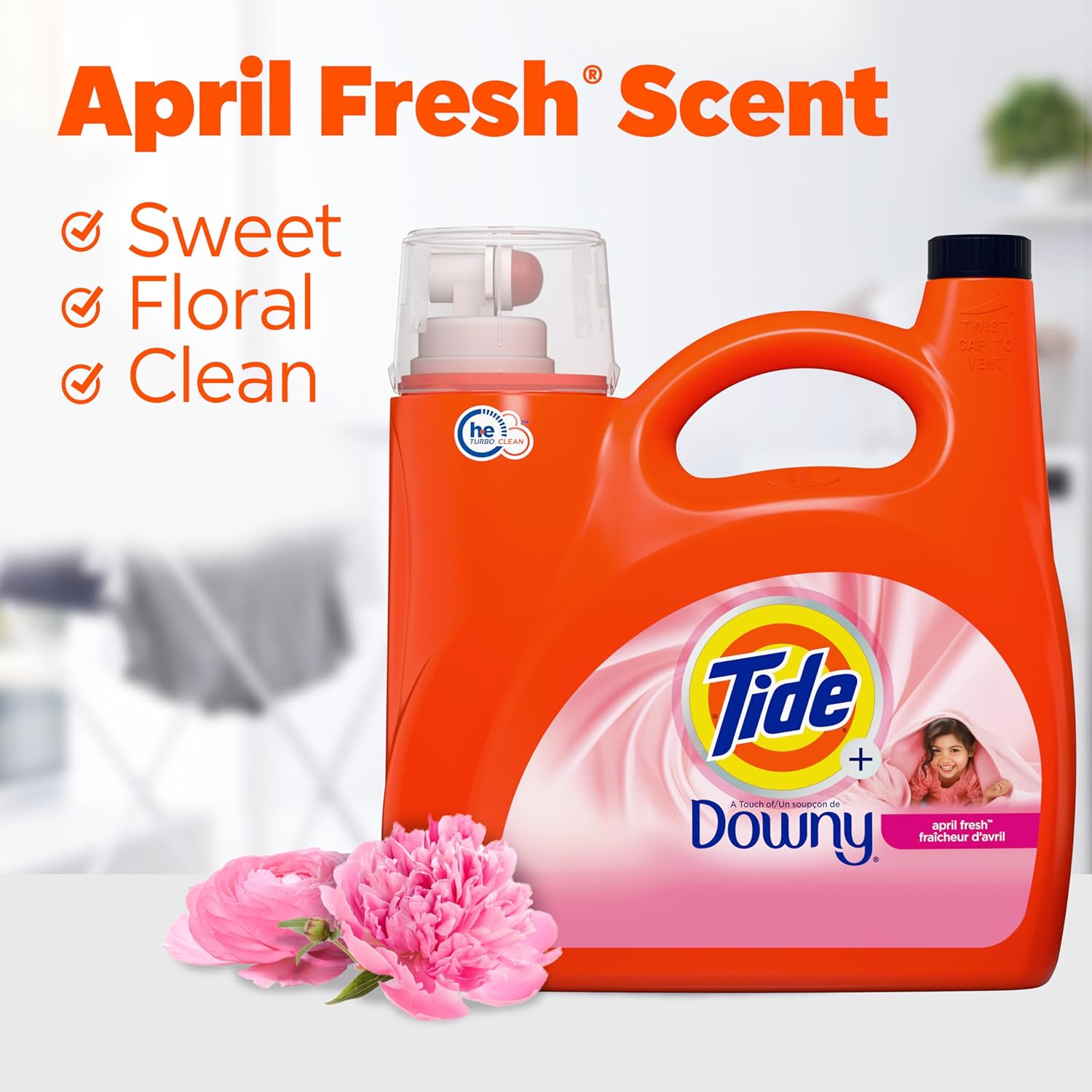 Tide plus Downy Liquid Laundry Detergent Soap, April Fresh Scent, HE Compatible, 94 Loads, 132 fl oz