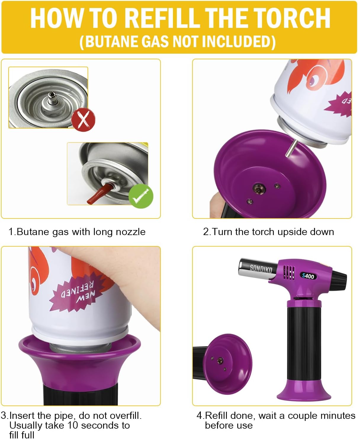 Sondiko Butane Torch S400, Refillable Kitchen Torch Lighter, Fit All Butane Tanks Blow Torch with Safety Lock and Adjustable Flame for Desserts, Creme Brulee, and Baking—Butane Gas Is Not Included