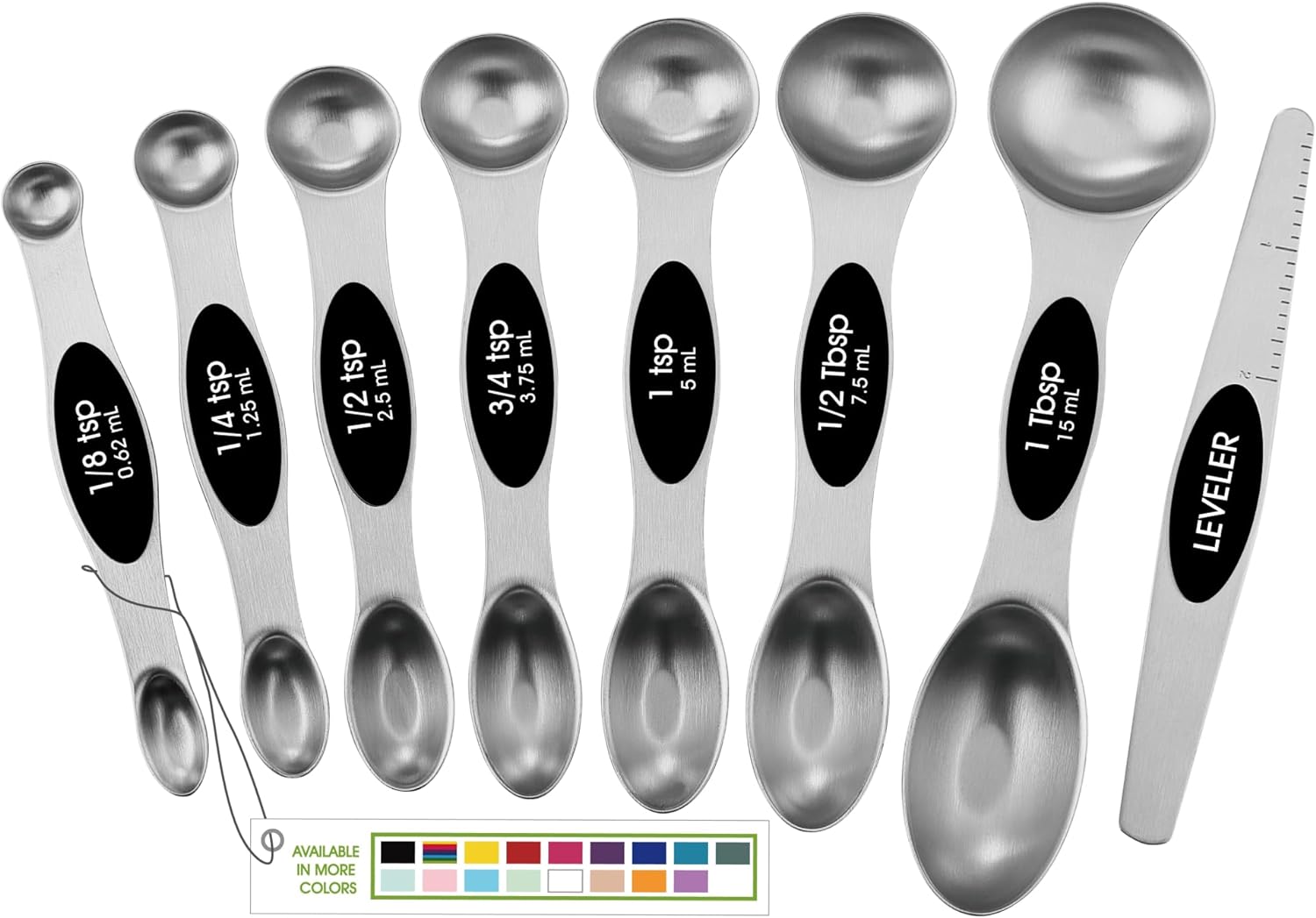 Spring Chef Magnetic Measuring Spoons Set with Strong N45 Magnets, Heavy Duty Stainless Steel Metal, Fits in Most Kitchen Spice Jars for Baking & Cooking, BPA Free, Black, Set of 8 with Leveler