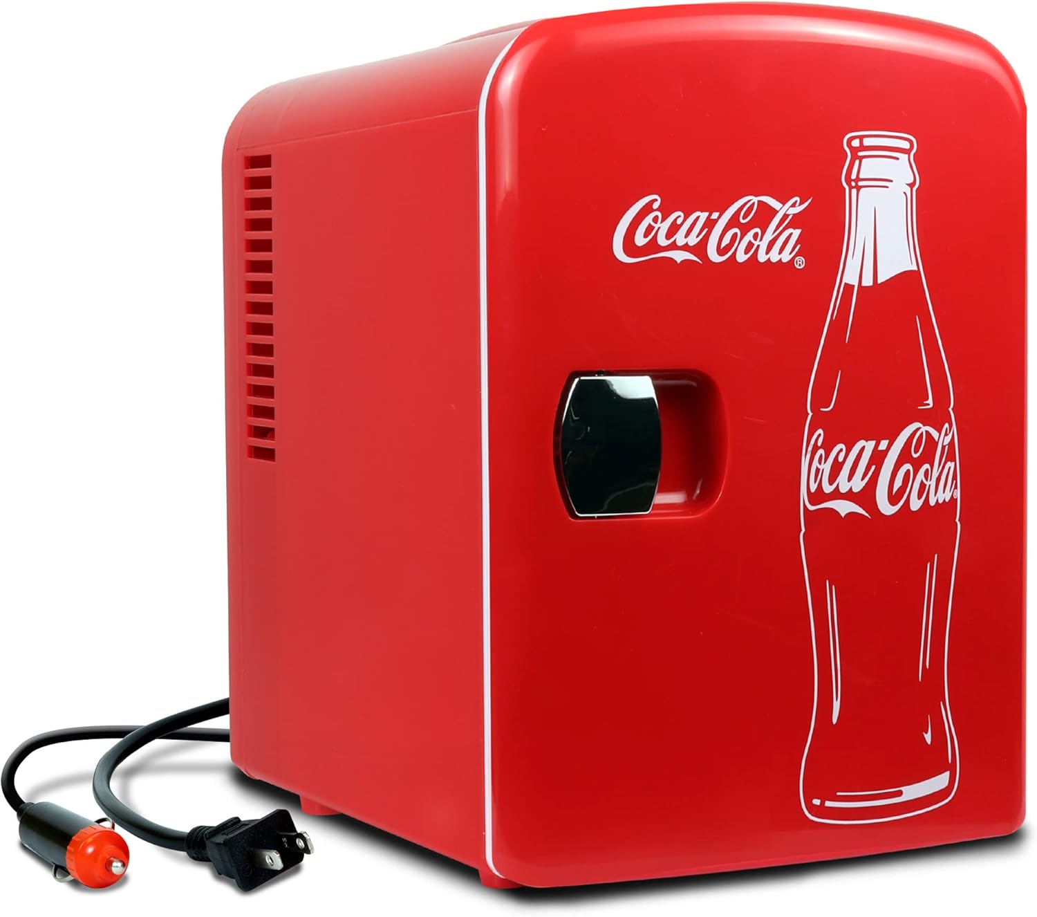 Coca-Cola Classic Coke Bottle 4L Mini Fridge w/ 12V DC and 110V AC Cords, 6 Can Portable Cooler, Personal Travel Refrigerator for Snacks Lunch Drinks Cosmetics, Desk Home Office Dorm, Red