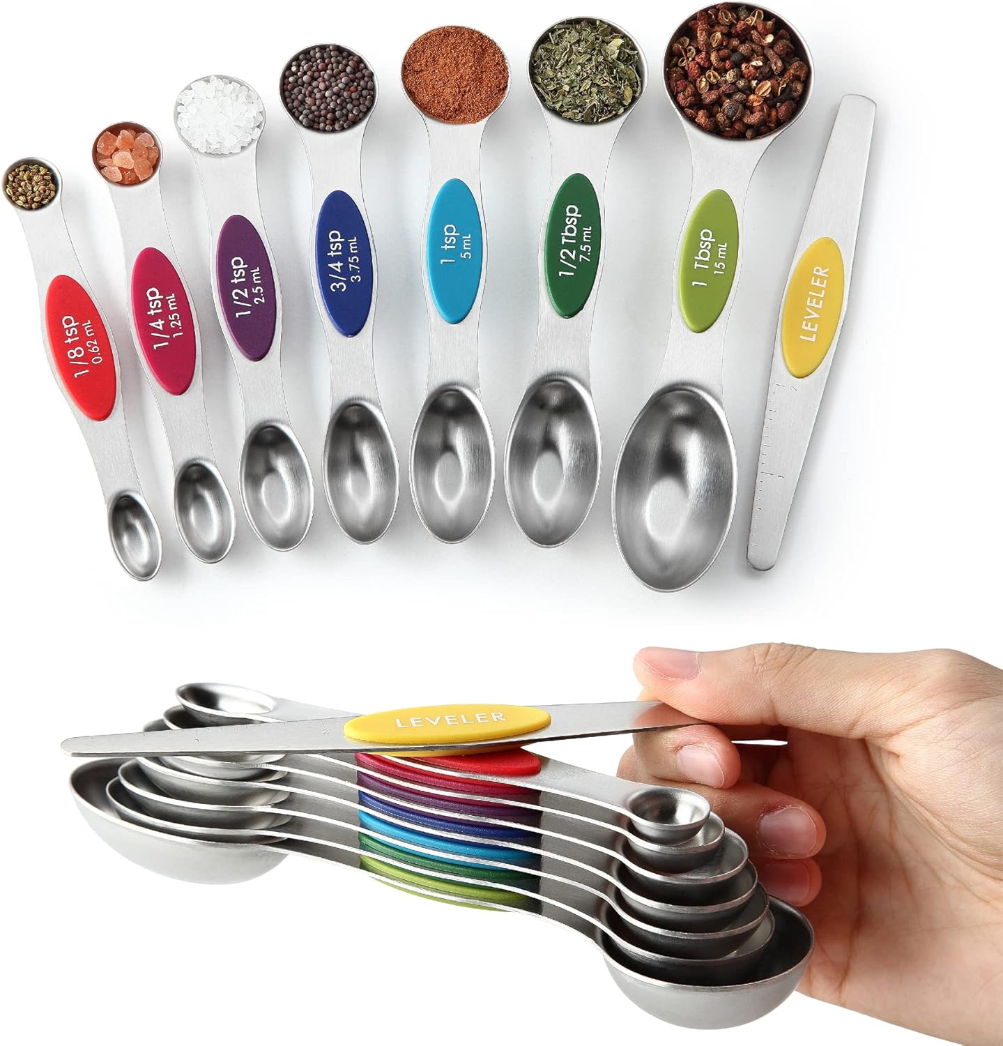 Spring Chef Magnetic Measuring Spoons Set with Strong N45 Magnets, Heavy Duty Stainless Steel Metal, Fits in Most Kitchen Spice Jars for Baking & Cooking, BPA Free, Black, Set of 8 with Leveler