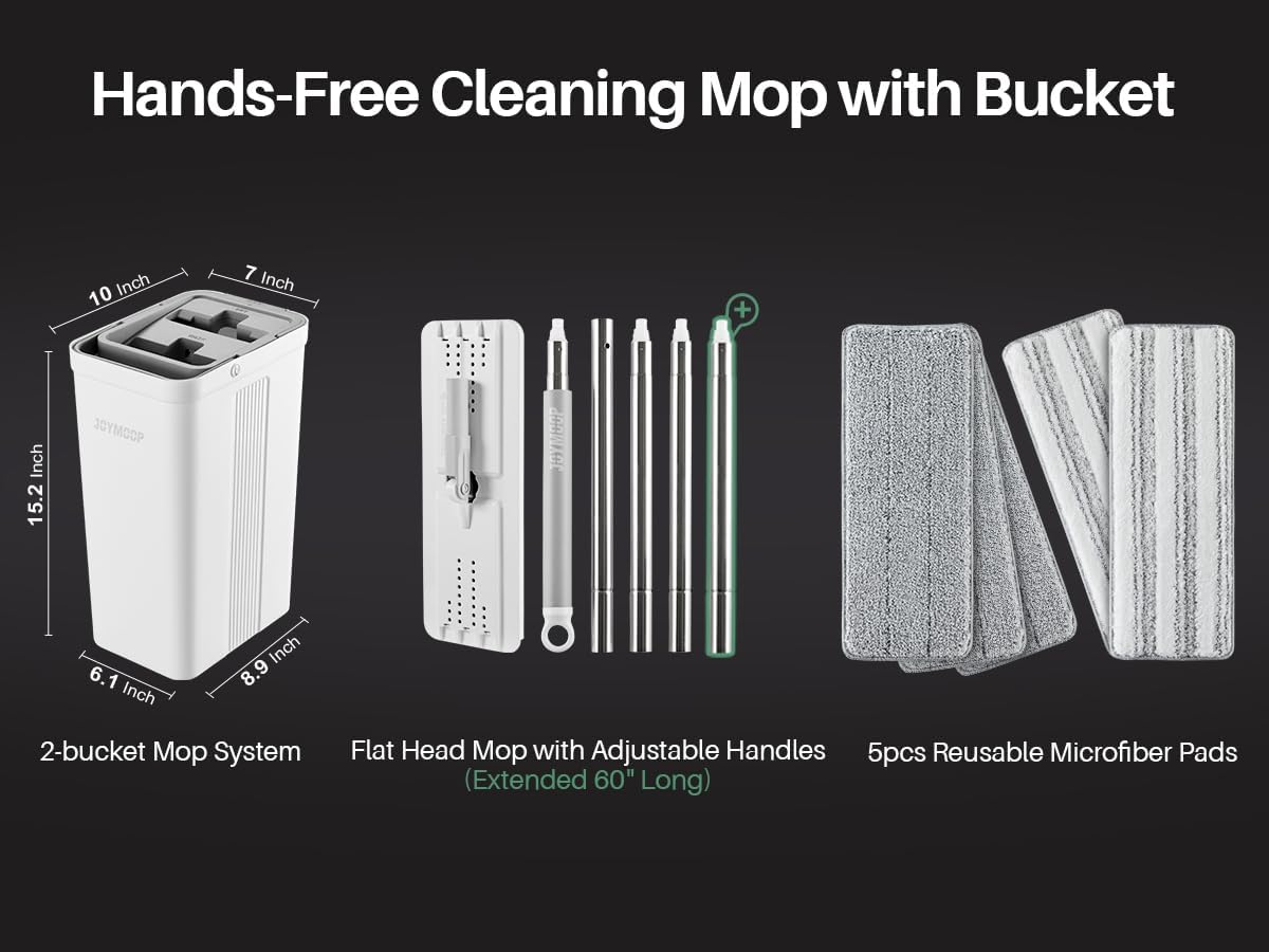 JOYMOOP mop and bucket with Wringer Set, Flat ,for floor cleaning with 3 Microfiber Pads, Wet and Dry Use, Household cleaning Tools, for Hardwood, Laminate, Tile