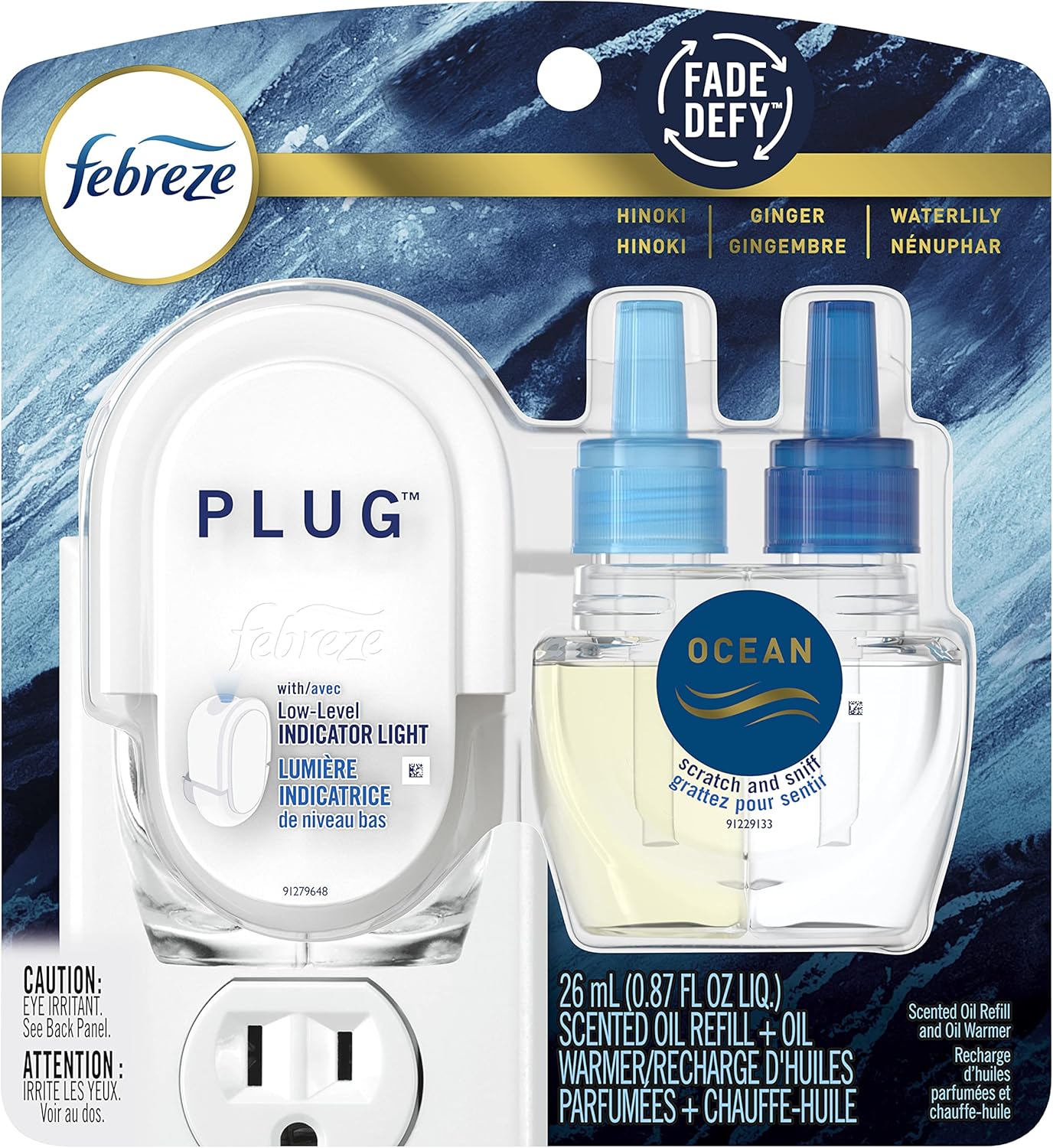 Febreze Plug in Air Fresheners for Home, Air Freshener Plug in, Wall Diffuser, Ocean Scent, Odor Fighter for Strong Odors, 1 Warmer + 2 Oil Refills