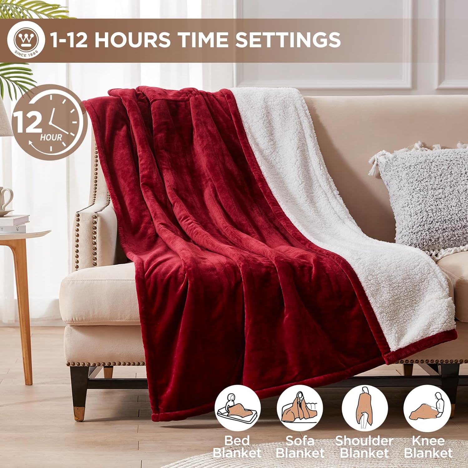 Westinghouse Heated Throw Blanket, Soft Flannel to Sherpa Electric Throw with 6 Heating Levels, 2-10 Hours Time Settings, Fast Heating, Machine Washable 50x60 Inch, Charcoal