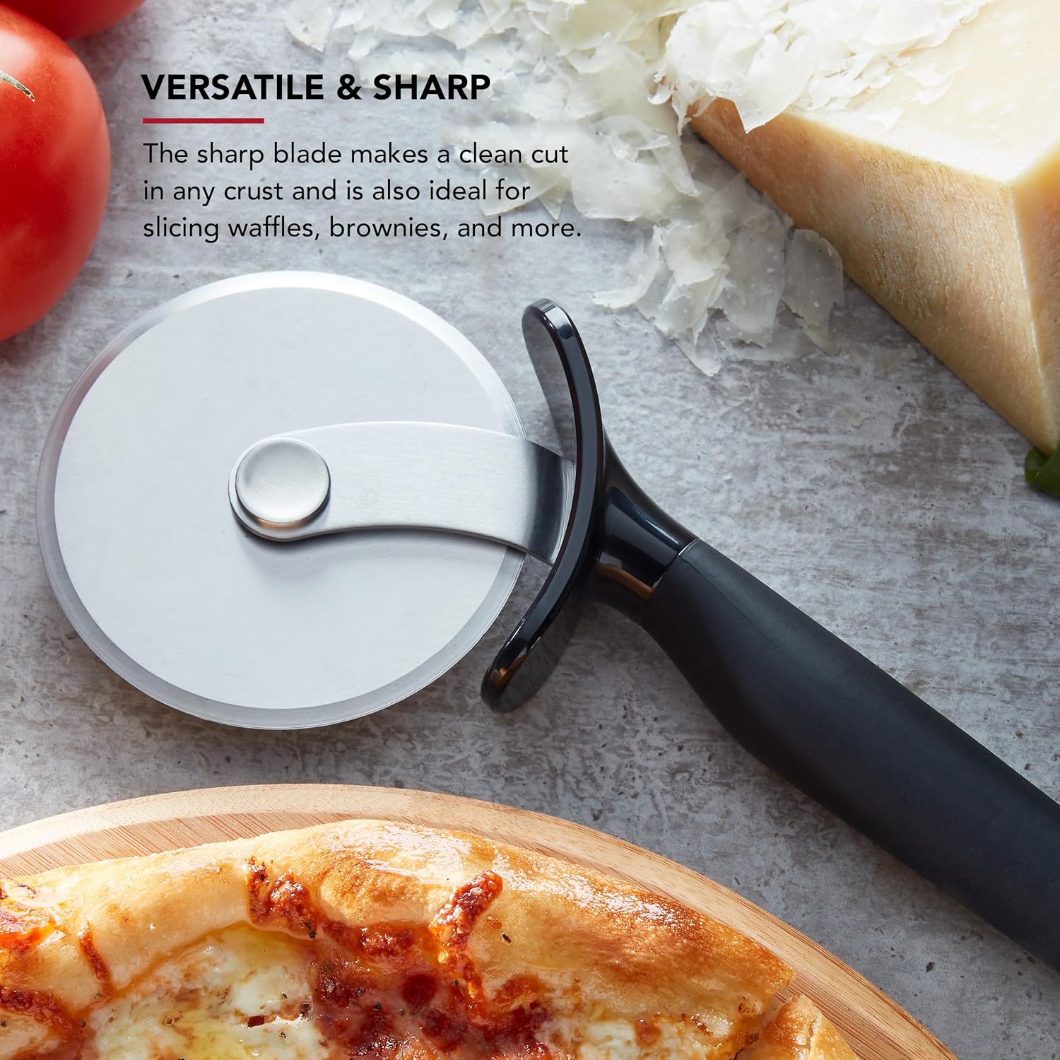 KitchenAid Classic Pizza Wheel with Sharp Blade For Cutting Through Crusts, Pies and More, Built In Finger Guard for Safety and Comfort Grip to Protect Fingers, Dishwasher Safe, 9-Inch, Black