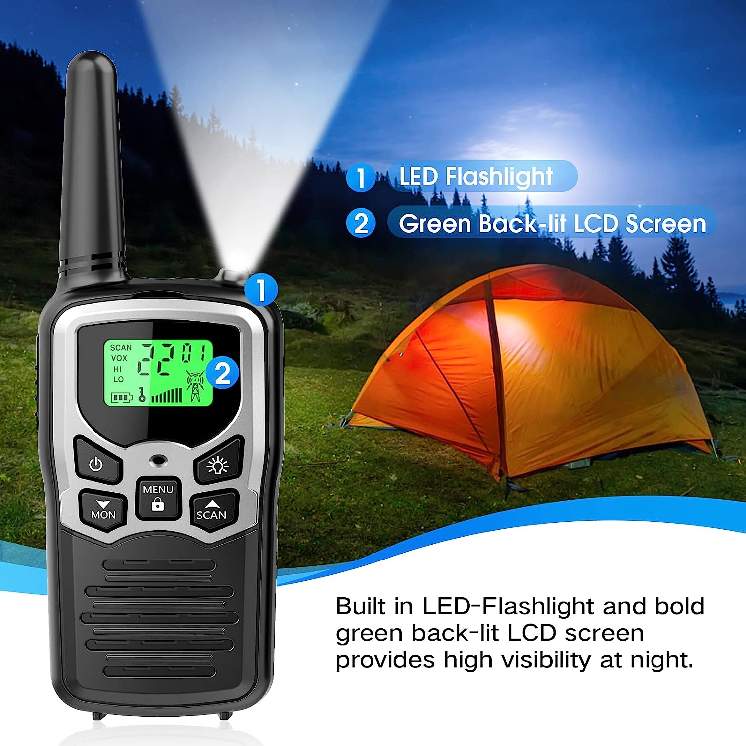 Walkie Talkies, MOICO Long Range Walkie Talkies for Adults with 22 FRS Channels, Family Walkie Talkie with LED Flashlight VOX LCD Display for Hiking Camping Trip (Orange 2 Pack)