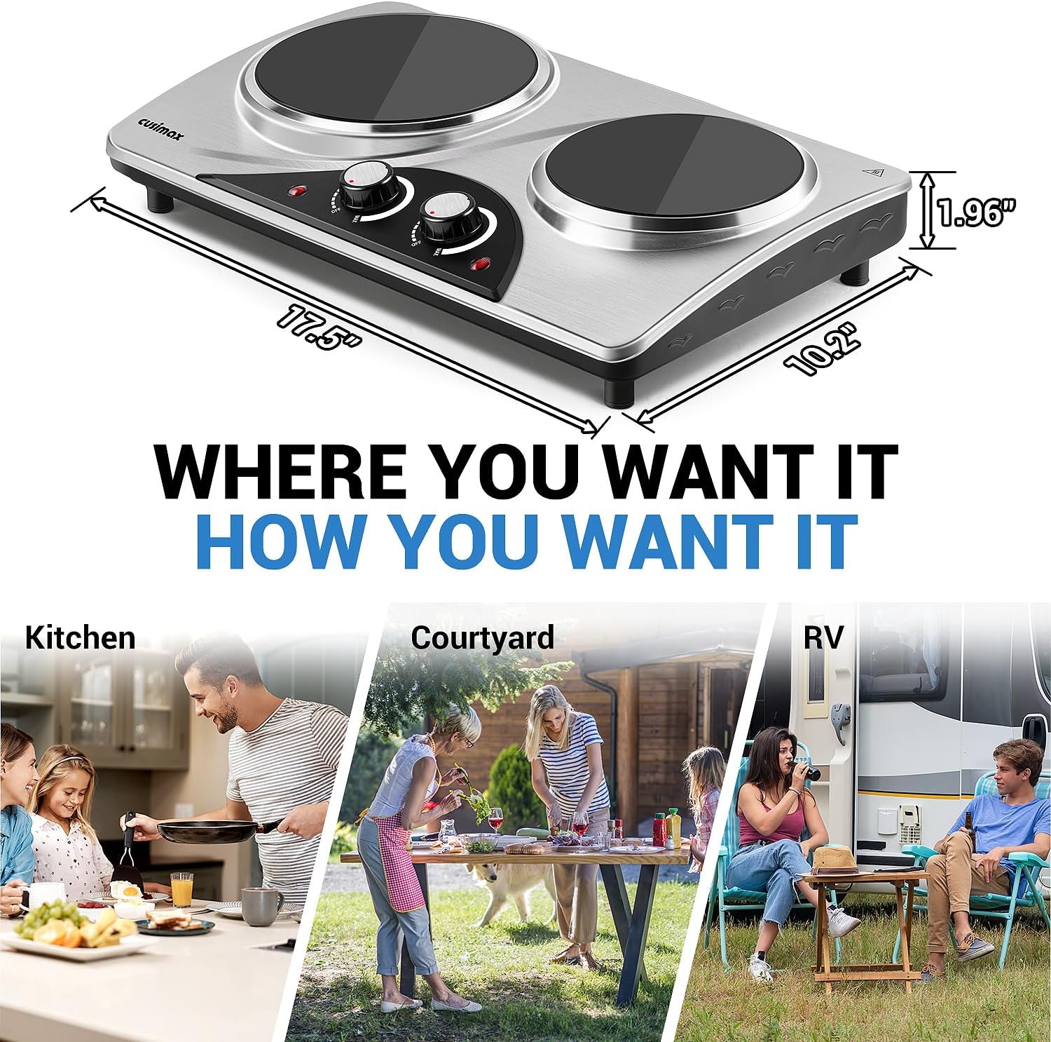 CUSIMAX Electric Hot Plate for Cooking Portable Single Burner 1500W Cast Iron hot plates Heat-up in Seconds Adjustable Temperature Control Stainless Steel Non-Slip Rubber Feet Upgraded Version B101