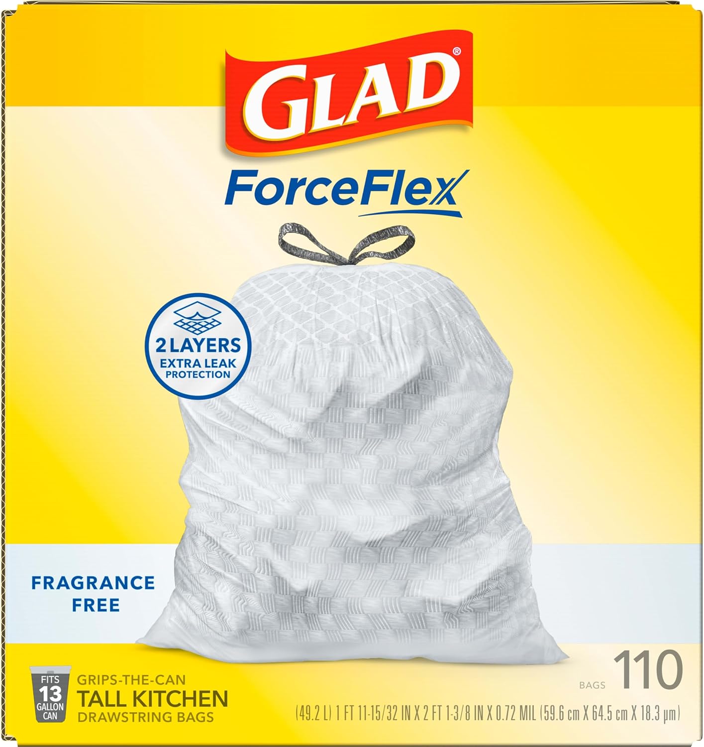 Glad Tall Kitchen Drawstring Trash Bags - Odorshield 13 Gallon White Trash Bag, Febreze Fresh Clean, 110 Count