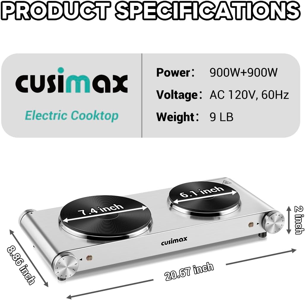 CUSIMAX Electric Hot Plate for Cooking Portable Single Burner 1500W Cast Iron hot plates Heat-up in Seconds Adjustable Temperature Control Stainless Steel Non-Slip Rubber Feet Upgraded Version B101