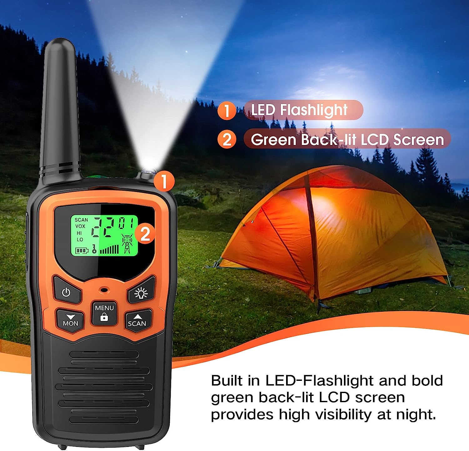 Walkie Talkies, MOICO Long Range Walkie Talkies for Adults with 22 FRS Channels, Family Walkie Talkie with LED Flashlight VOX LCD Display for Hiking Camping Trip (Orange 2 Pack)