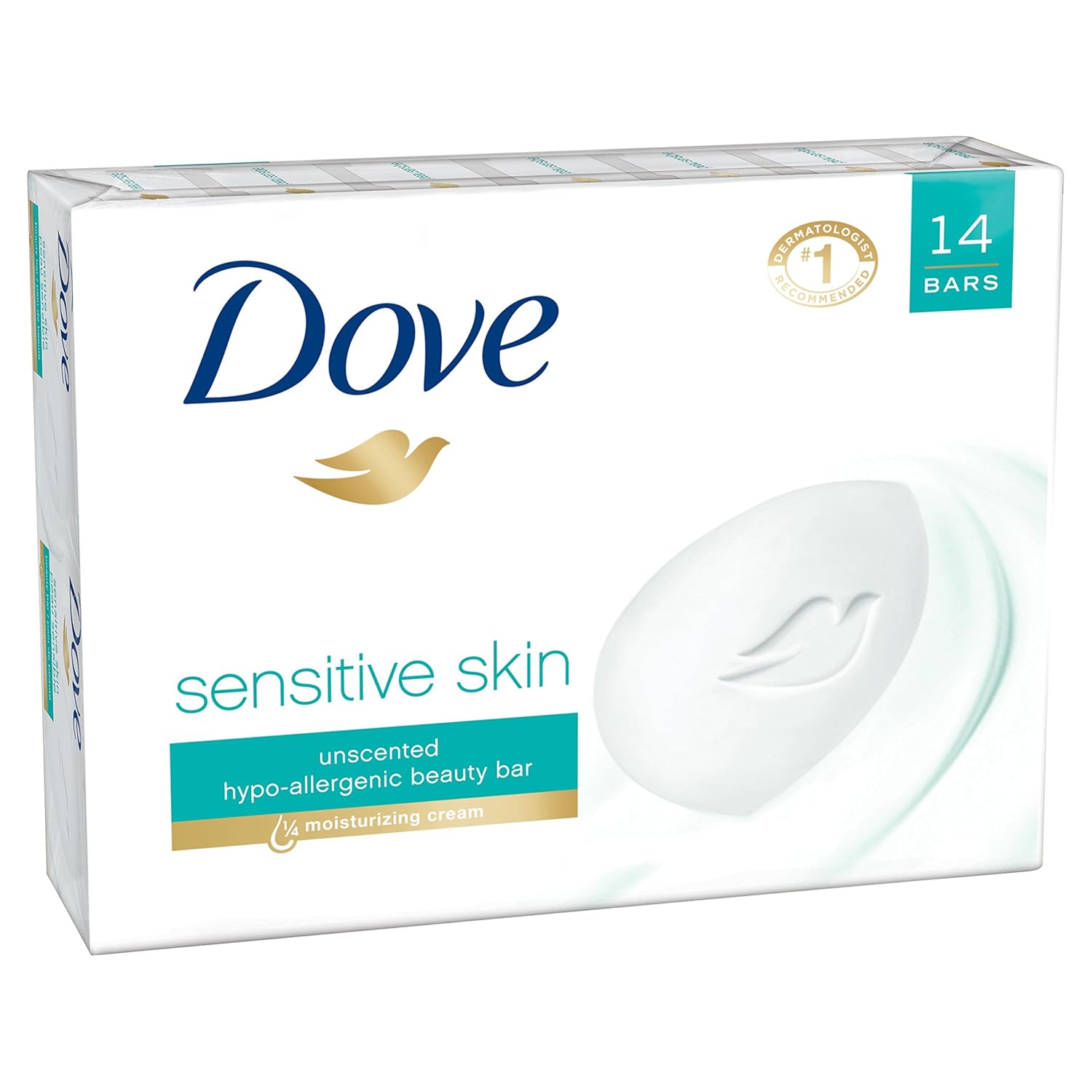 Dove Beauty Bar More Moisturizing Than Bar Soap for Softer Skin, Fragrance-Free, Hypoallergenic Beauty Bar Sensitive Skin With Gentle Cleanser 3.75 oz 14 Bars