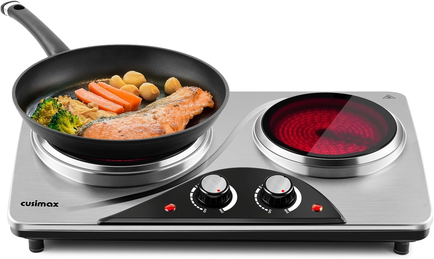 CUSIMAX Electric Hot Plate for Cooking Portable Single Burner 1500W Cast Iron hot plates Heat-up in Seconds Adjustable Temperature Control Stainless Steel Non-Slip Rubber Feet Upgraded Version B101