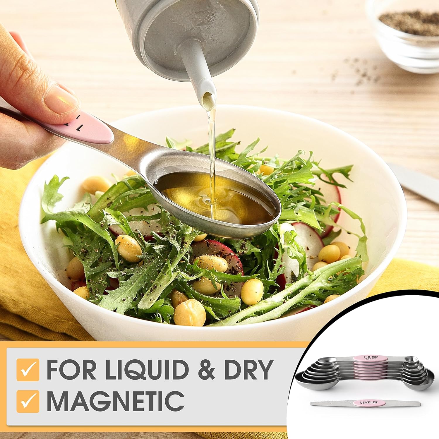 Spring Chef Magnetic Measuring Spoons Set with Strong N45 Magnets, Heavy Duty Stainless Steel Metal, Fits in Most Kitchen Spice Jars for Baking & Cooking, BPA Free, Black, Set of 8 with Leveler